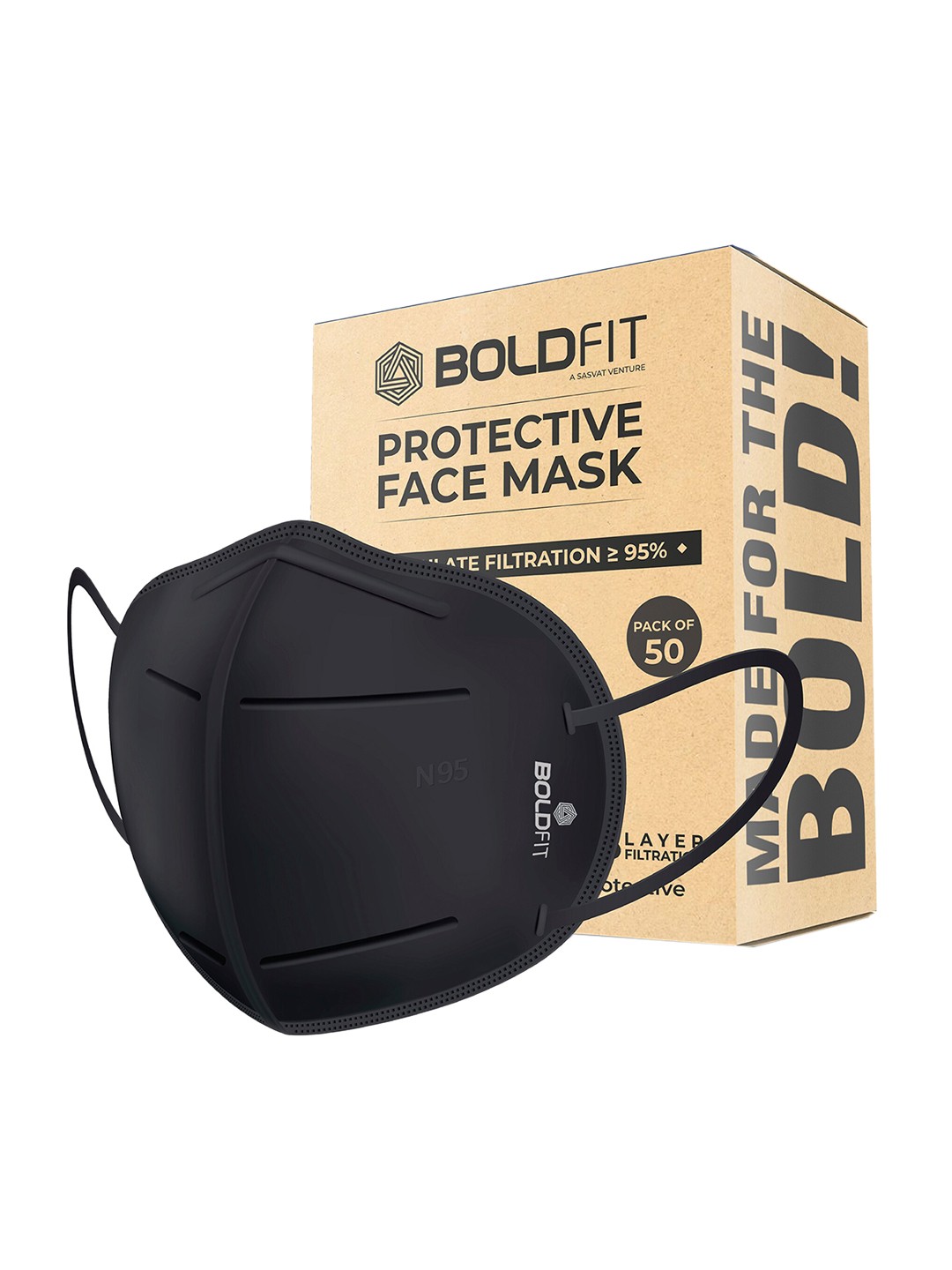 

BOLDFIT Unisex Pack Of 50 Black Solid 5-Ply Reusable N95 Outdoor Masks