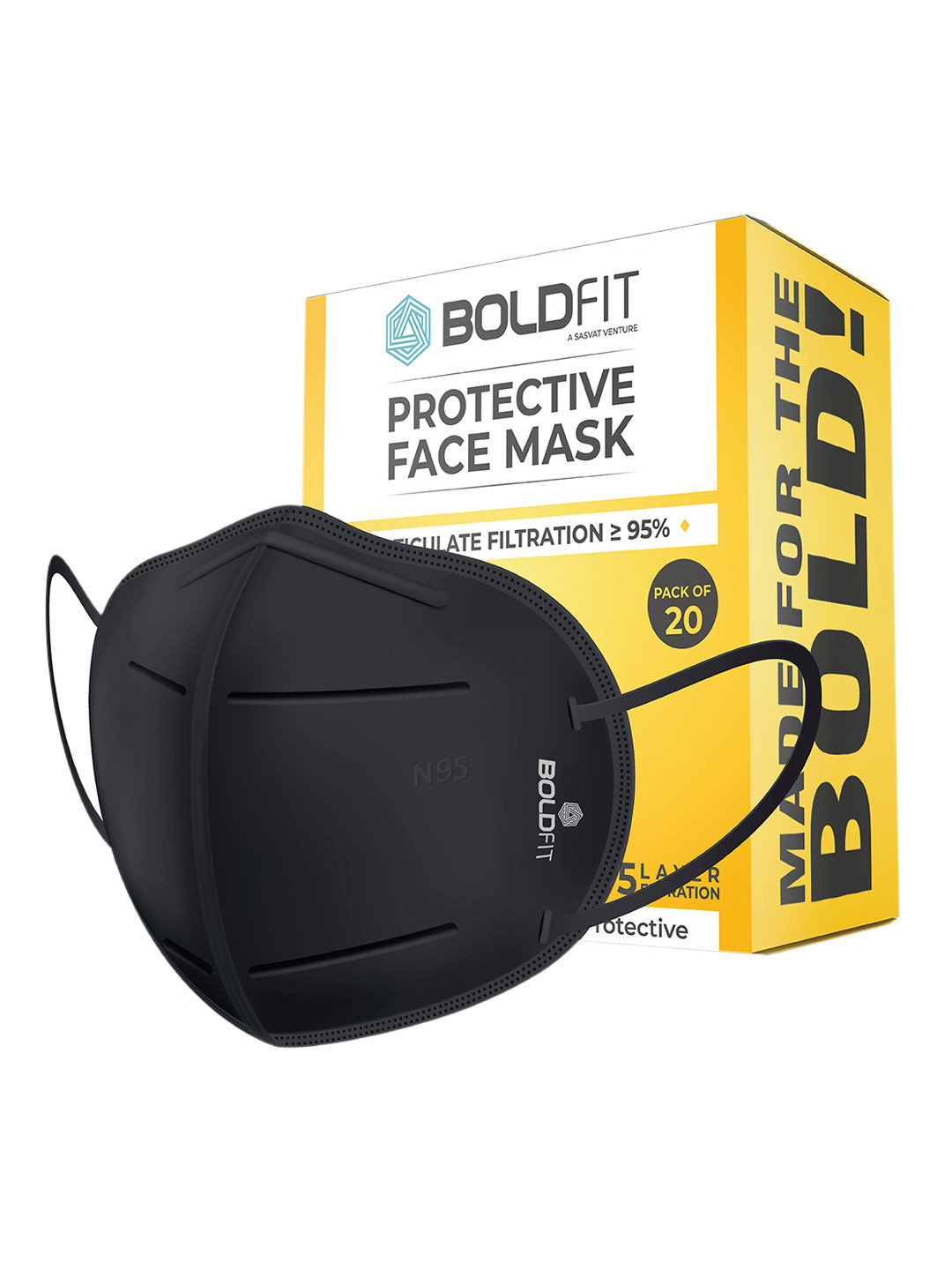 

BOLDFIT Unisex Pack of 20 Black Solid Pure Cotton N95 Reusable Masks