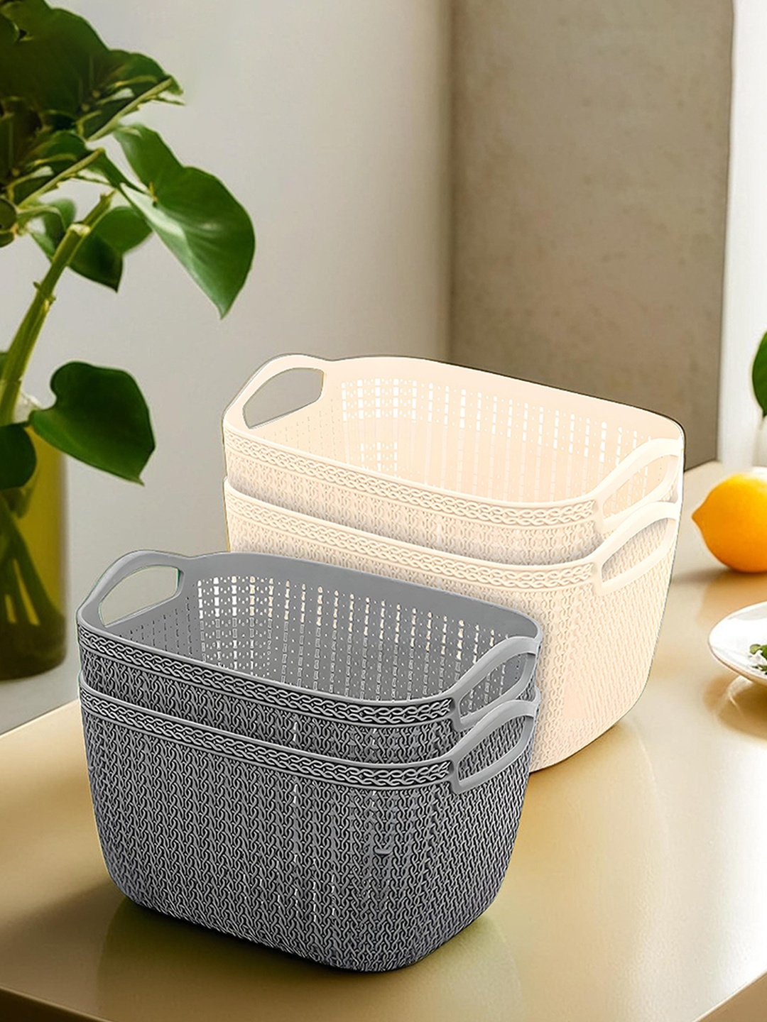 

Kuber Industries Grey & Cream Set Of 4 Dishwasher Safe Textured Plastic Storage Basket