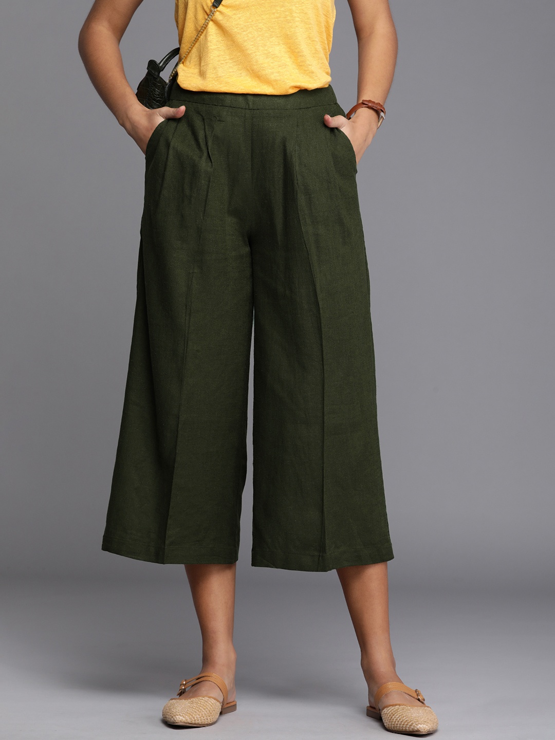 

Allen Solly Woman Olive Green Pleated Culottes Trousers