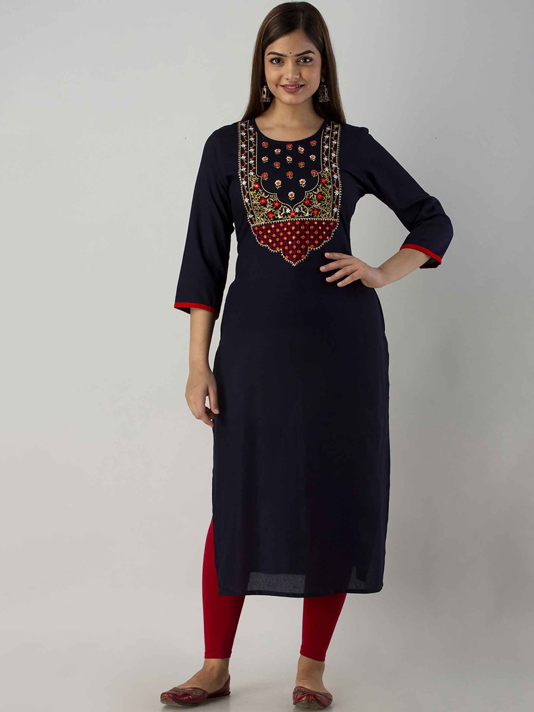 

FASHION DEPTH Women Blue & Red Geometric Yoke Design Flared Sleeves Thread Work Kurta