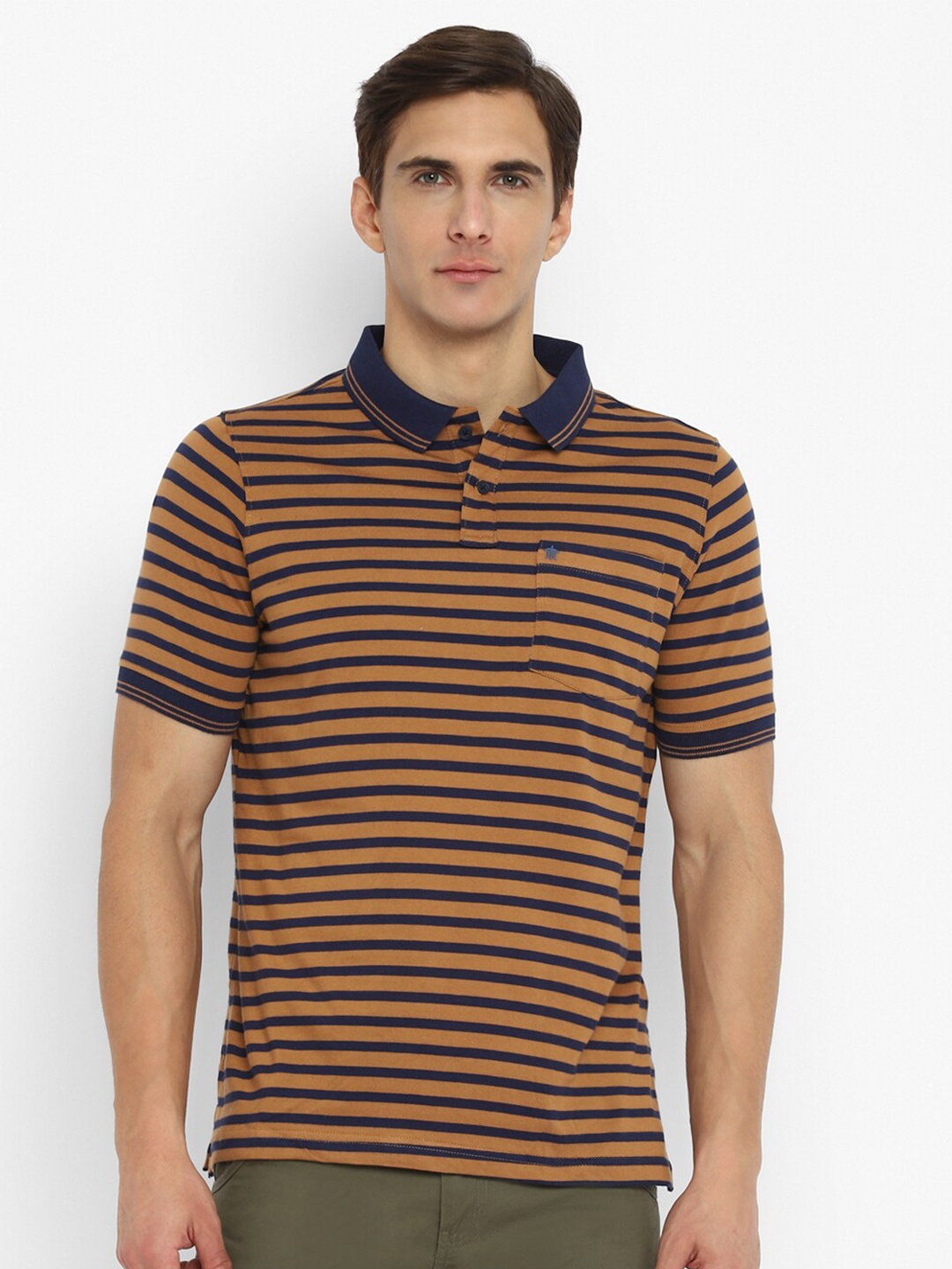 

Turtle Men's Brown Striped Polo Collar Pure Cotton Slim Fit T-shirt