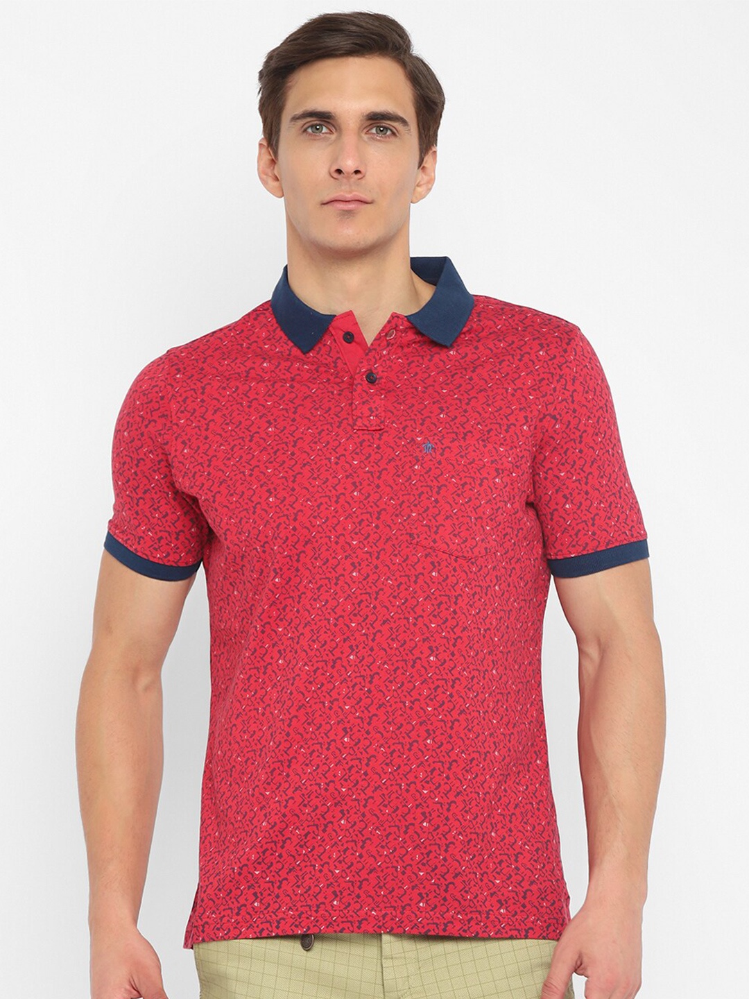 

Turtle Men Red & Navy Blue Printed Polo Collar Pure Cotton Slim Fit T-shirt