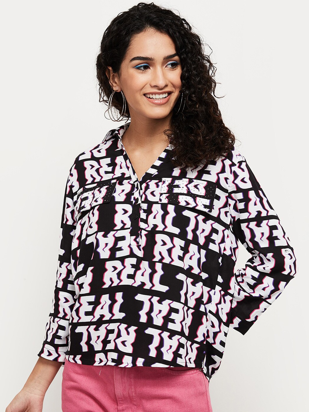 

max Black Print Mandarin Collar Top