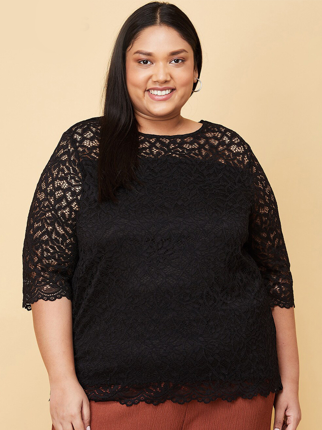 

max Plus Size Women Black Self Design Top