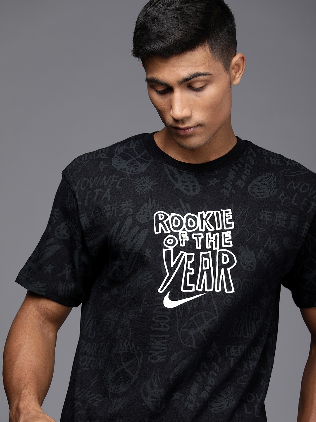 

Nike Men Black & White Typography Printed Pure Cotton T-shirt