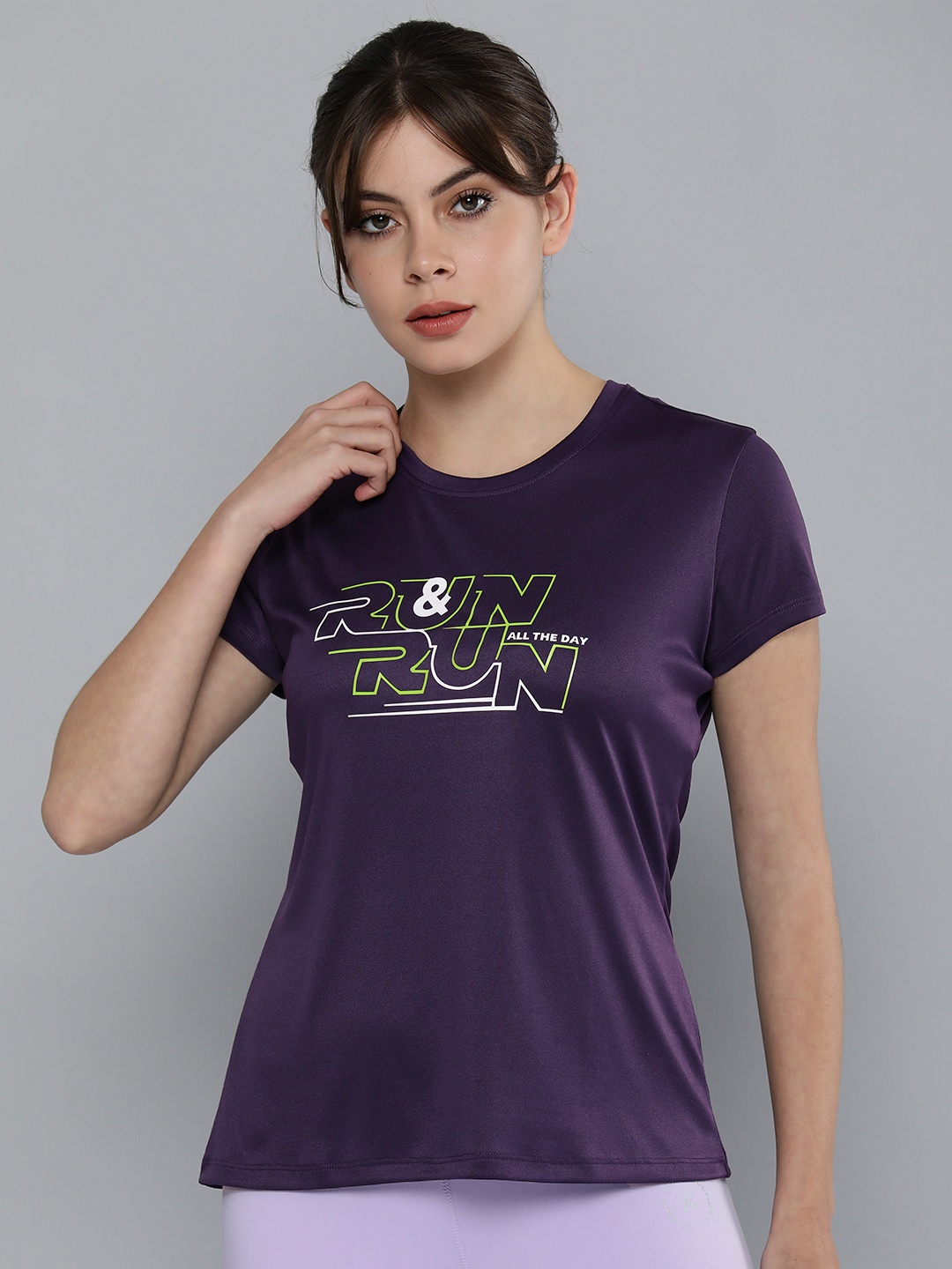 

HRX by Hrithik Roshan Women Purple & Green Typography Print Rapid-Dry Running T-shirt