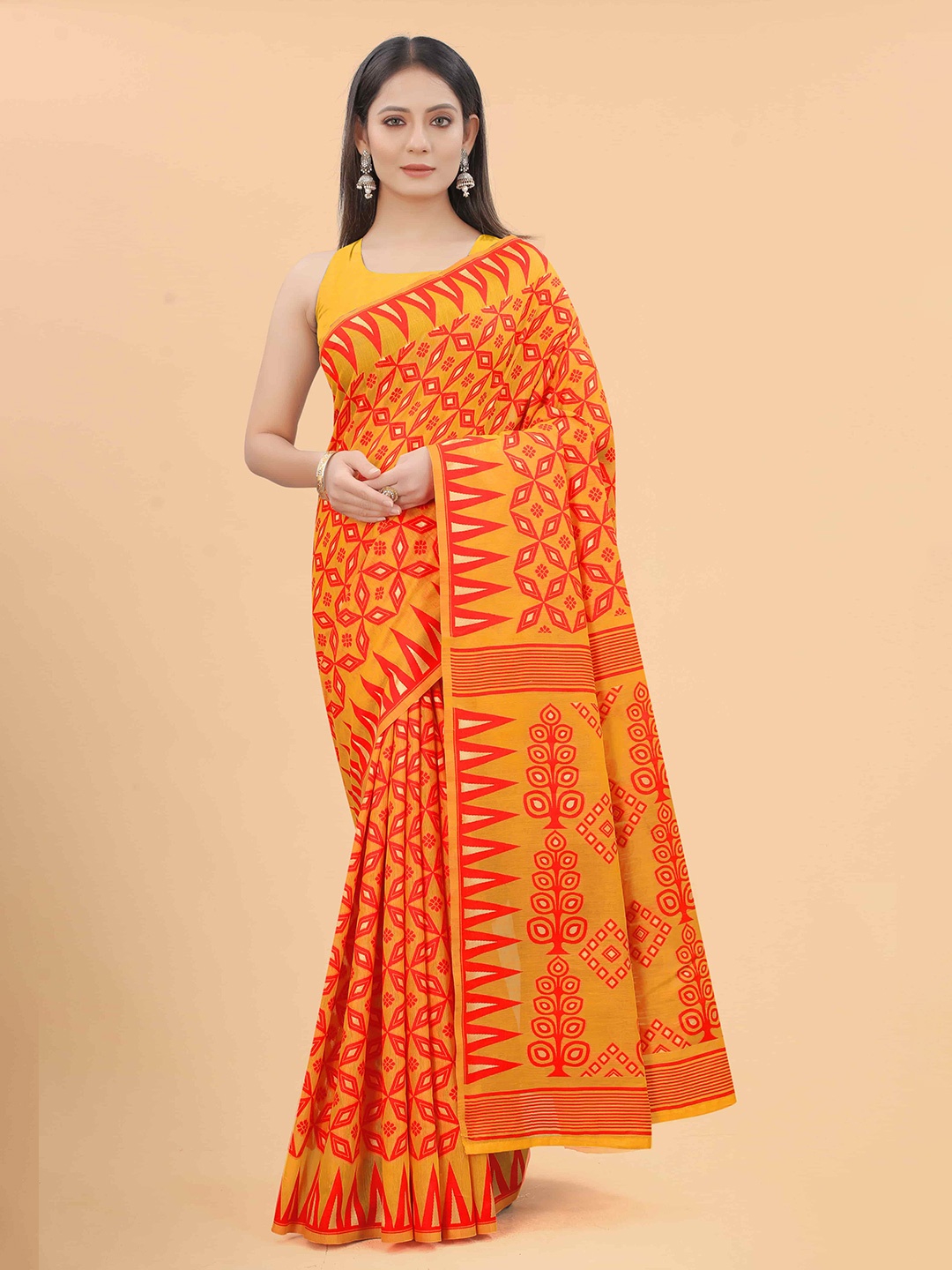 

Silk Land Orange & Yellow Woven Design Pure Cotton Jamdani Saree