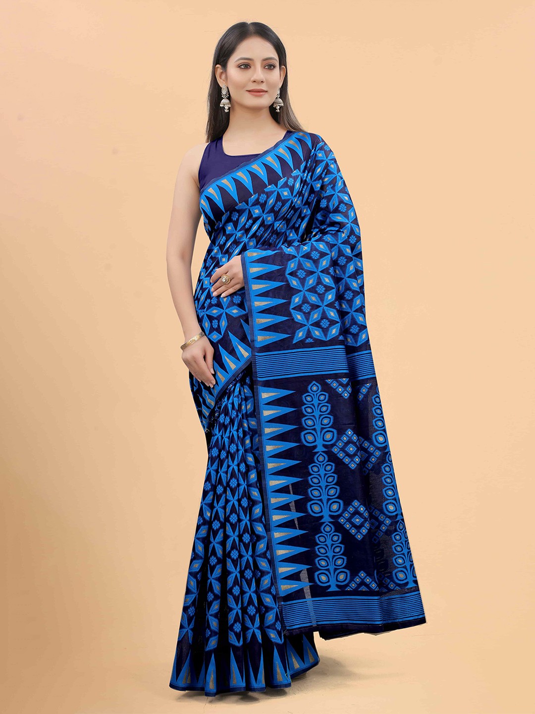 

Silk Land Navy Blue & Black Woven Design Pure Cotton Jamdani Saree