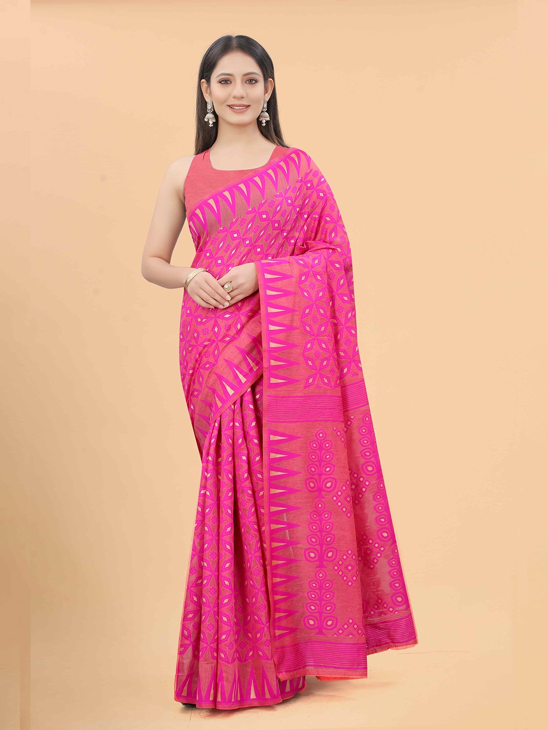 

Silk Land Pink Woven Design Pure Cotton Jamdani Saree