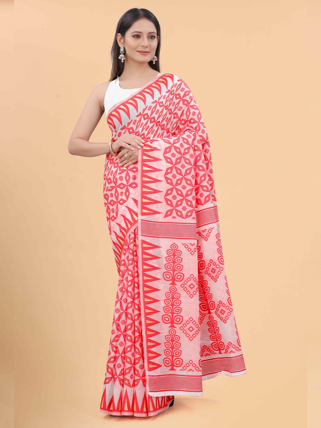 

Silk Land Pink & White Woven Design Pure Cotton Jamdani Saree