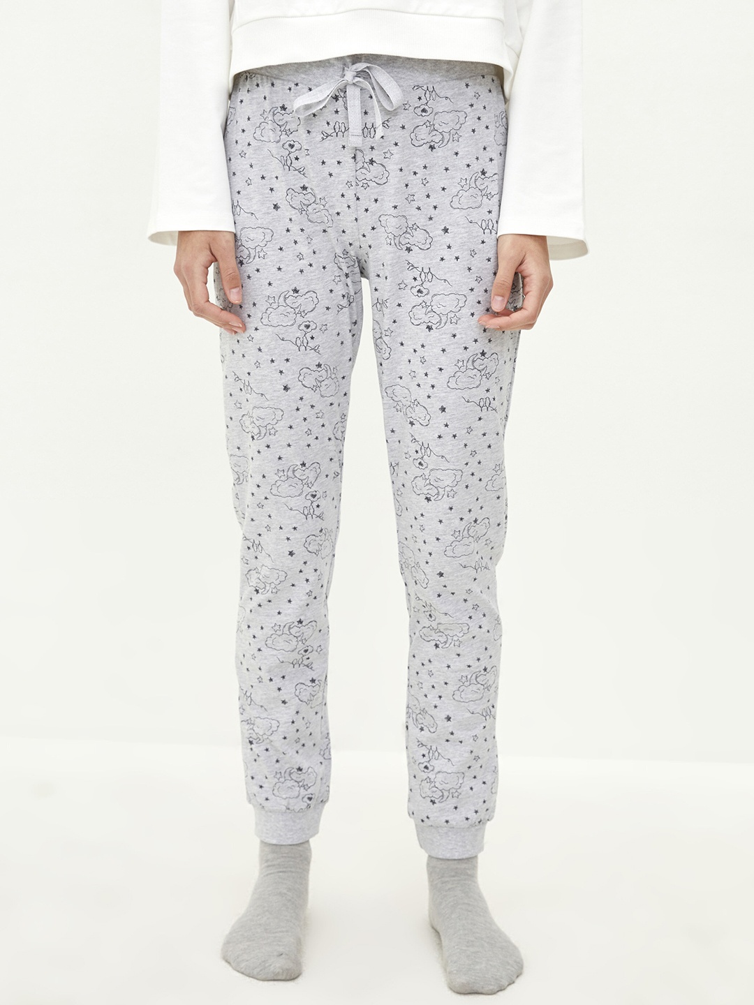 

LC Waikiki Women Grey Melange & Black Printed Joggers