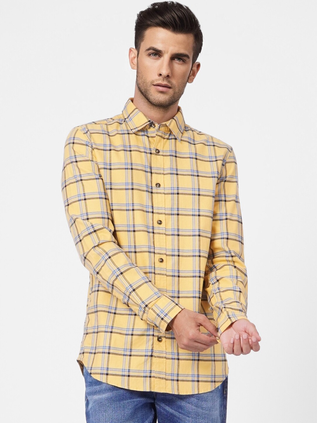 

Jack & Jones Men Yellow Slim Fit Checked Cotton Casual Shirt