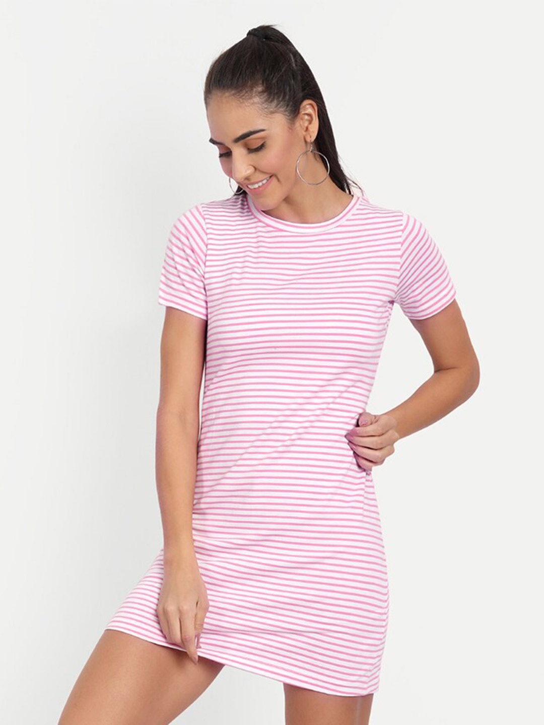 

COLOR CAPITAL Pink & White Striped Cotton Sheath Dress