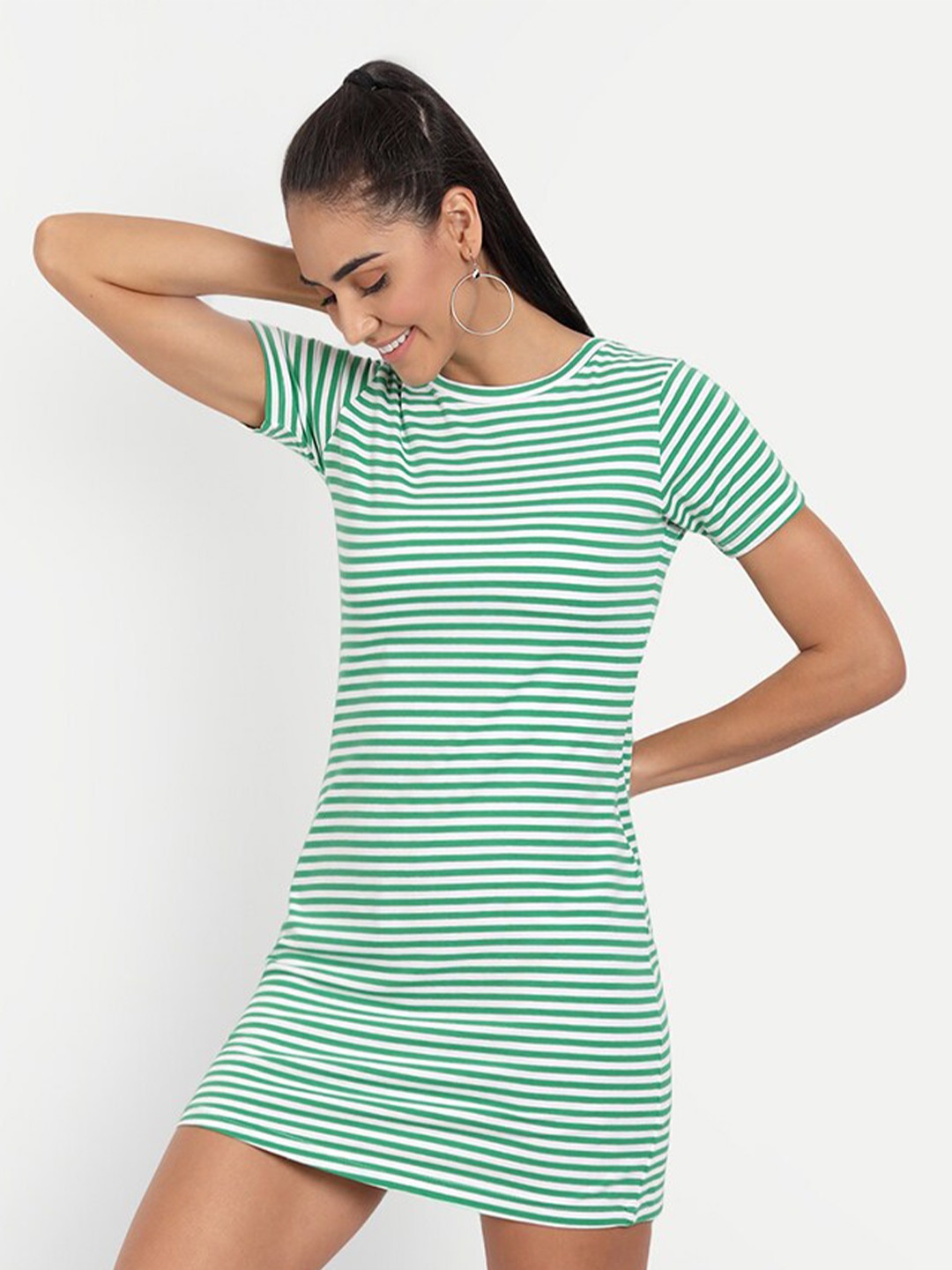 

COLOR CAPITAL Green Striped T-shirt Mini Dress