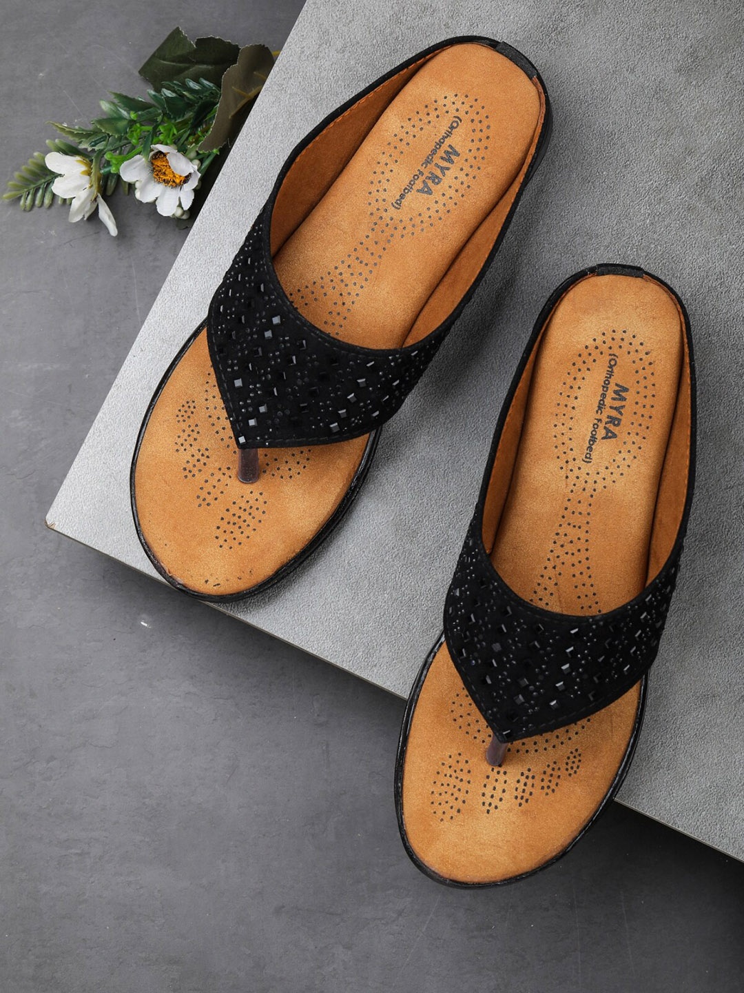 

Myra Black Printed Suede Kitten Pumps with Laser Cuts