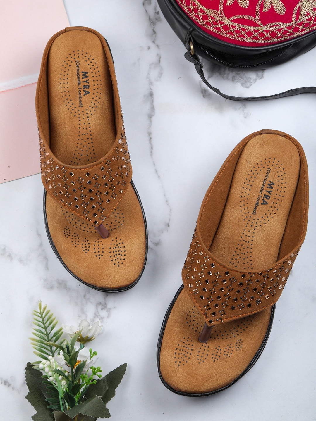 

Myra Women Brown Embellished Orthopedic Suede Wedge Heels