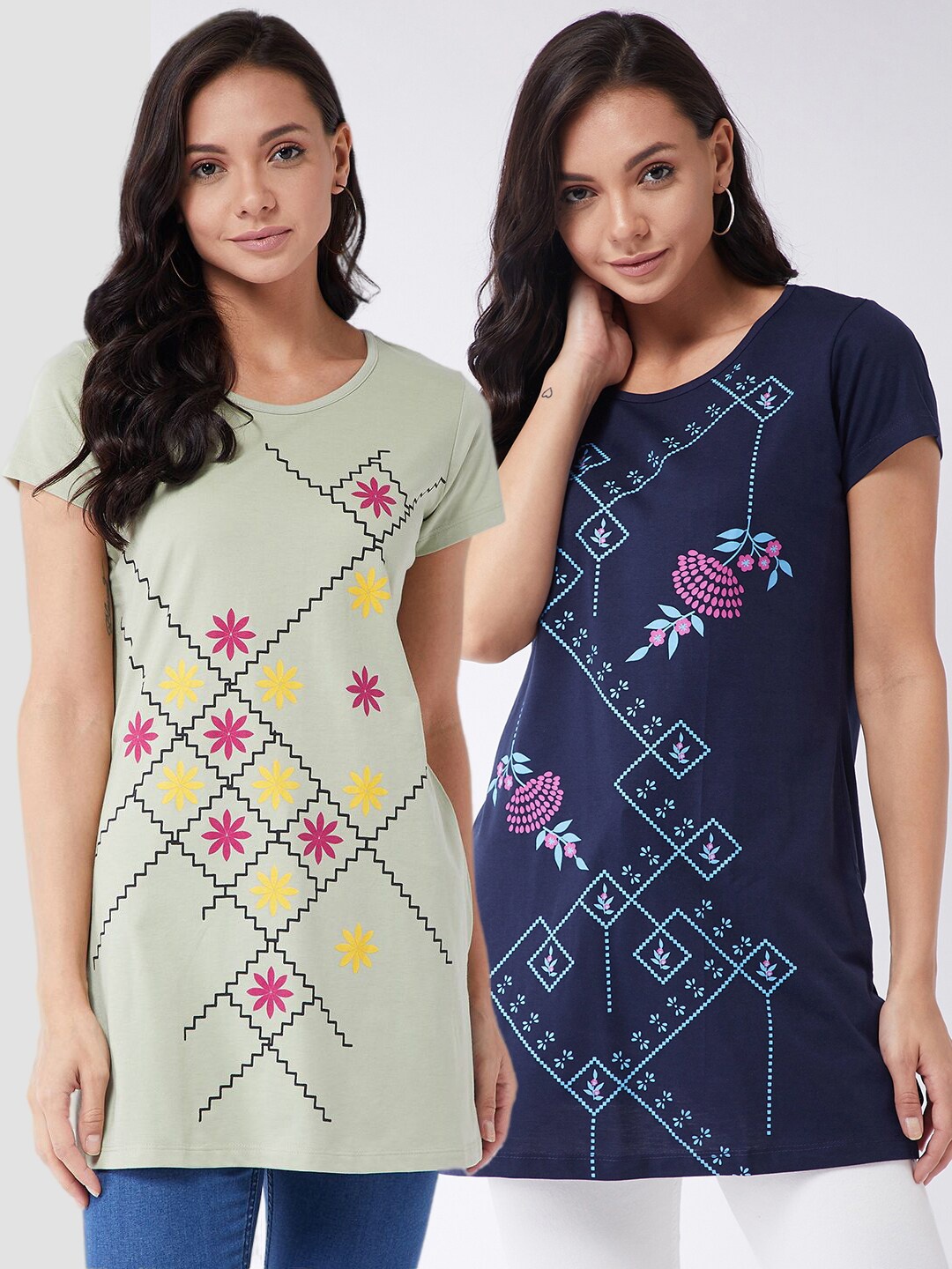 

Modeve Women Green & Navy Blue 2 Printed Cotton T-shirt