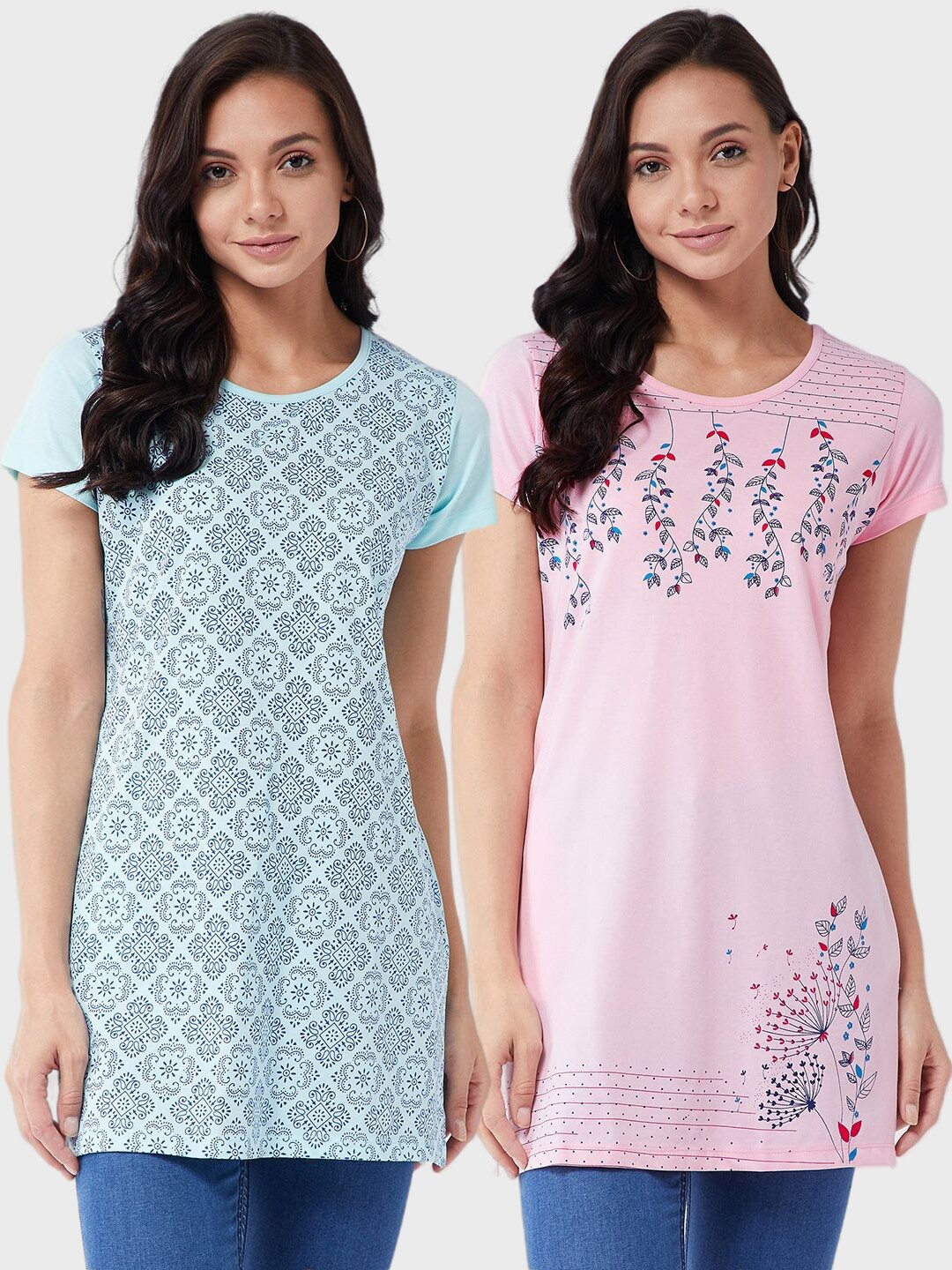 

Modeve Women Blue & Pink Floral 2 Printed Cotton T-shirt