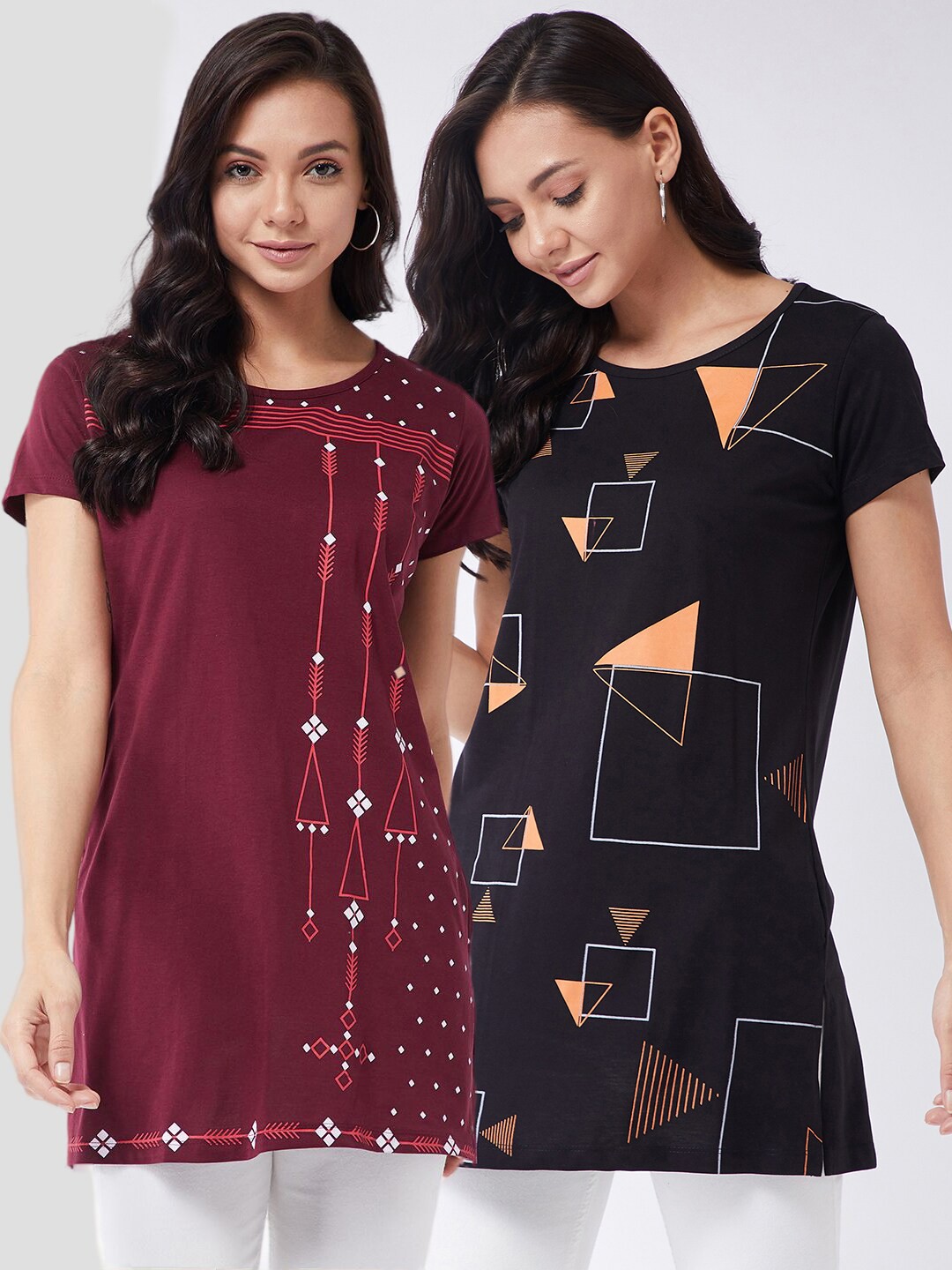 

Modeve Women Multicoloured 2 Printed Polo Collar T-shirt, Multi