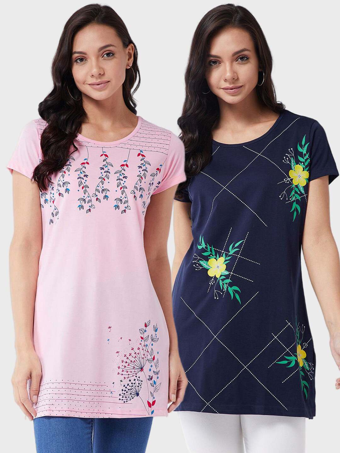 

Modeve Women Pack of 2 Navy Blue & Pink Floral Printed Longline T-shirts