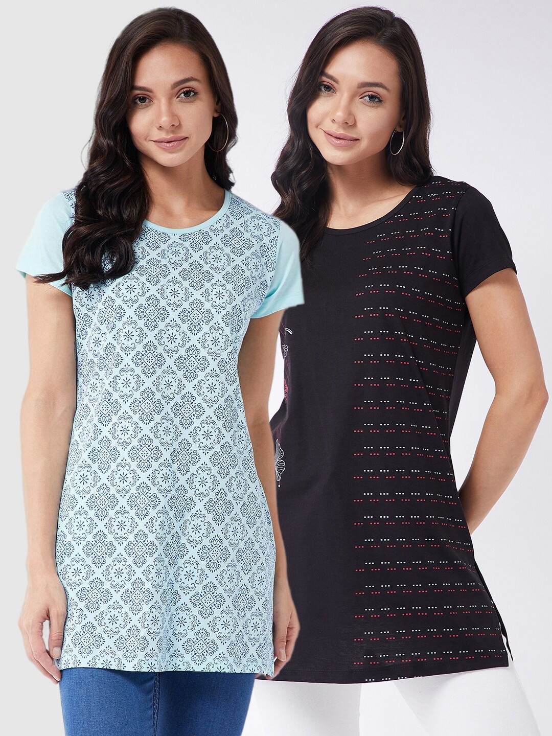 

Modeve Women Blue & Black 2 Printed Cotton Extended Sleeves T-shirt