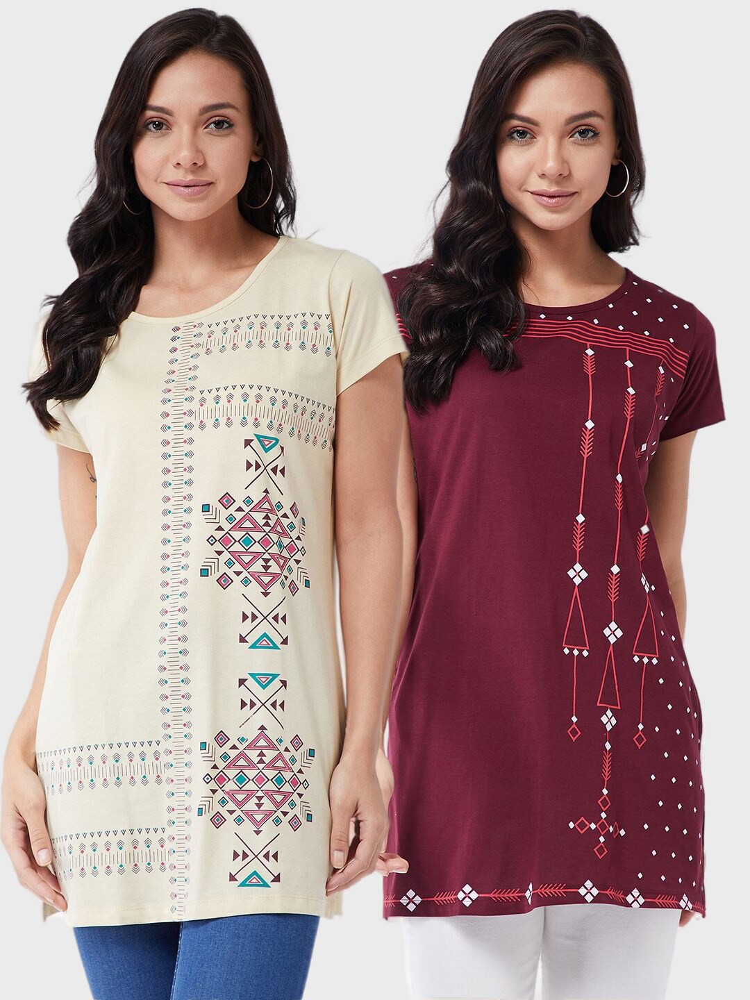 

Modeve Women Maroon & Beige 2 Pack Geometric Printed Longline T-shirt