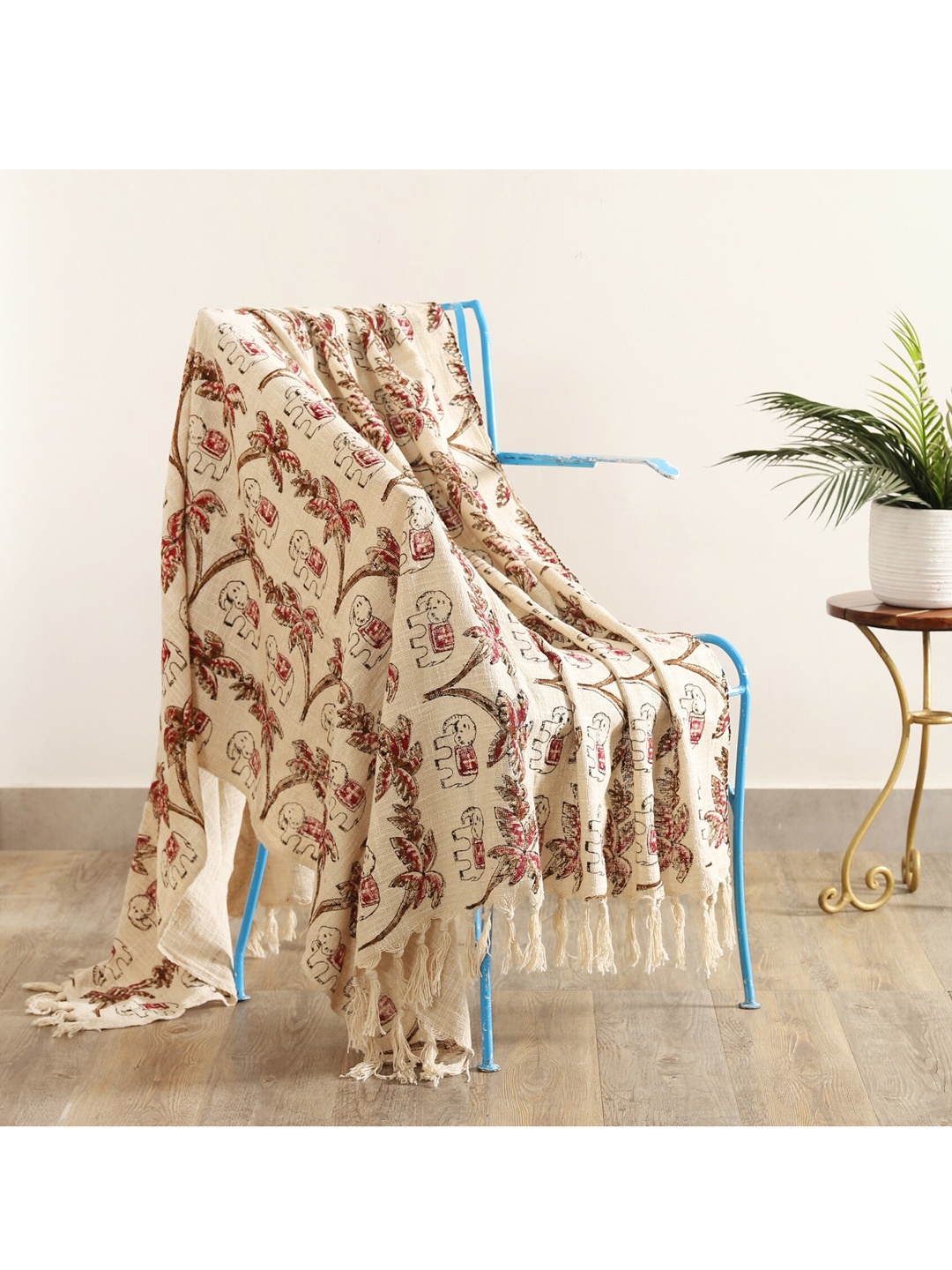 

HANDICRAFT PALACE Beige Hand-Block Printed Cotton Throw