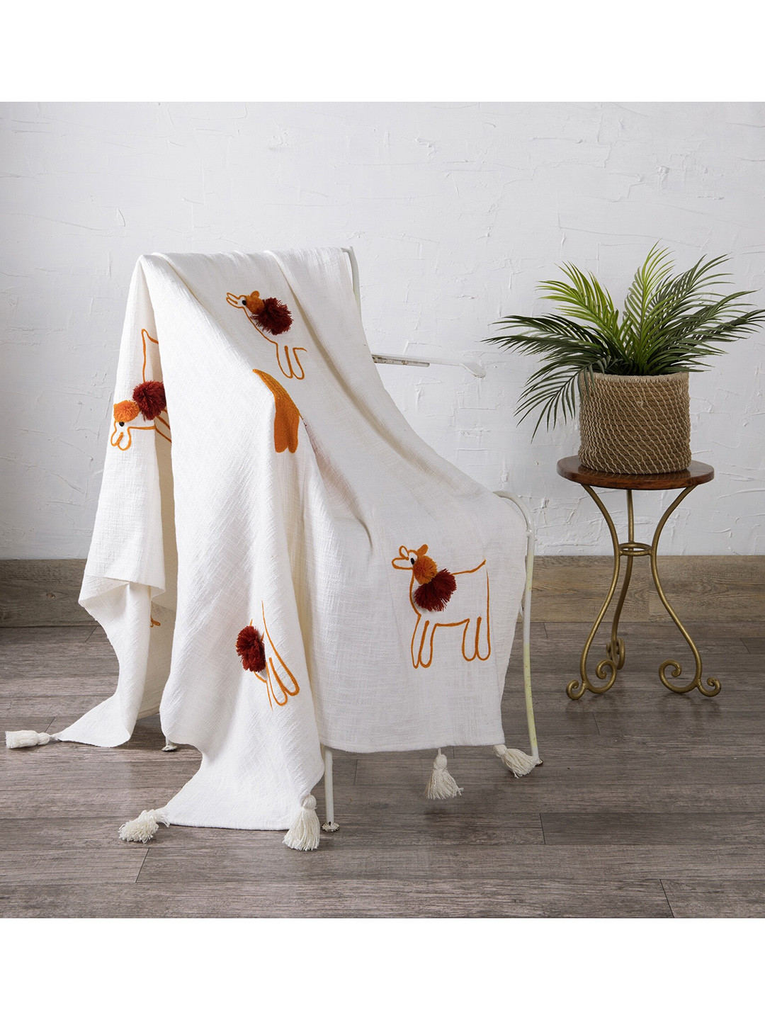 

HANDICRAFT PALACE White & Orange Embroidered Cotton Llama Tufted Throw Blanket