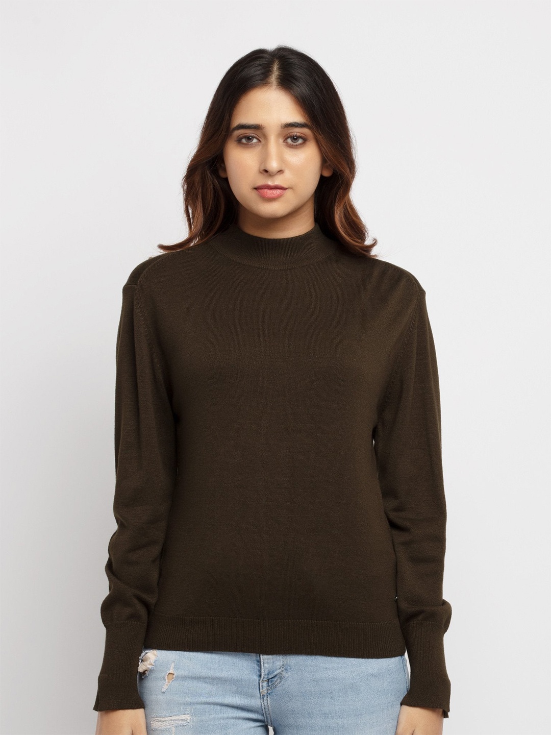 

Status Quo Women Olive Green High Neck Pullover