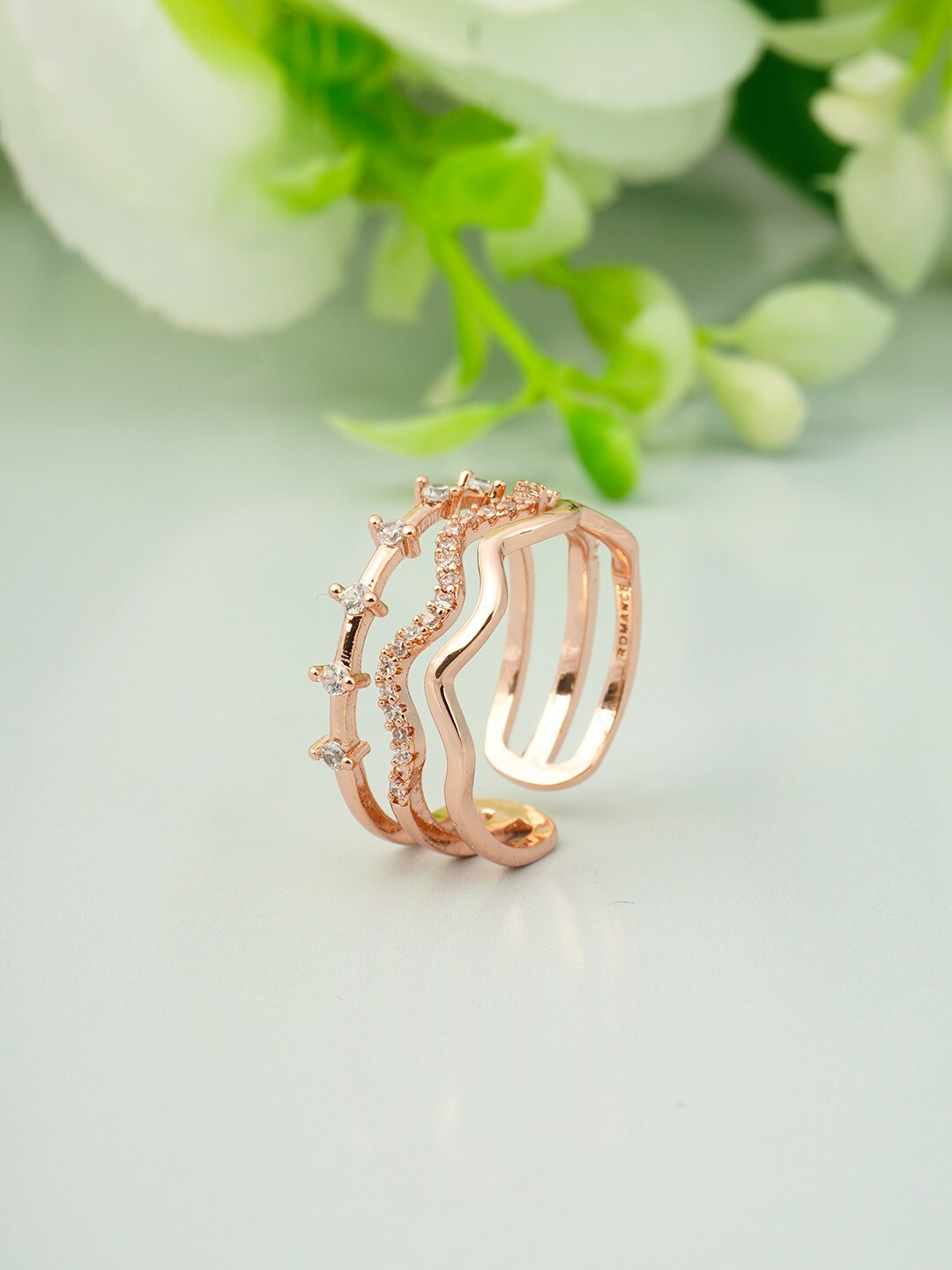 

Ferosh Rose Gold-Toned White Stone Studded Adjustable Finger Ring