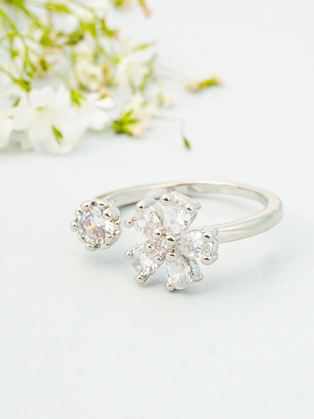 

Ferosh Silver-Toned White Stone Studded Flower Ring