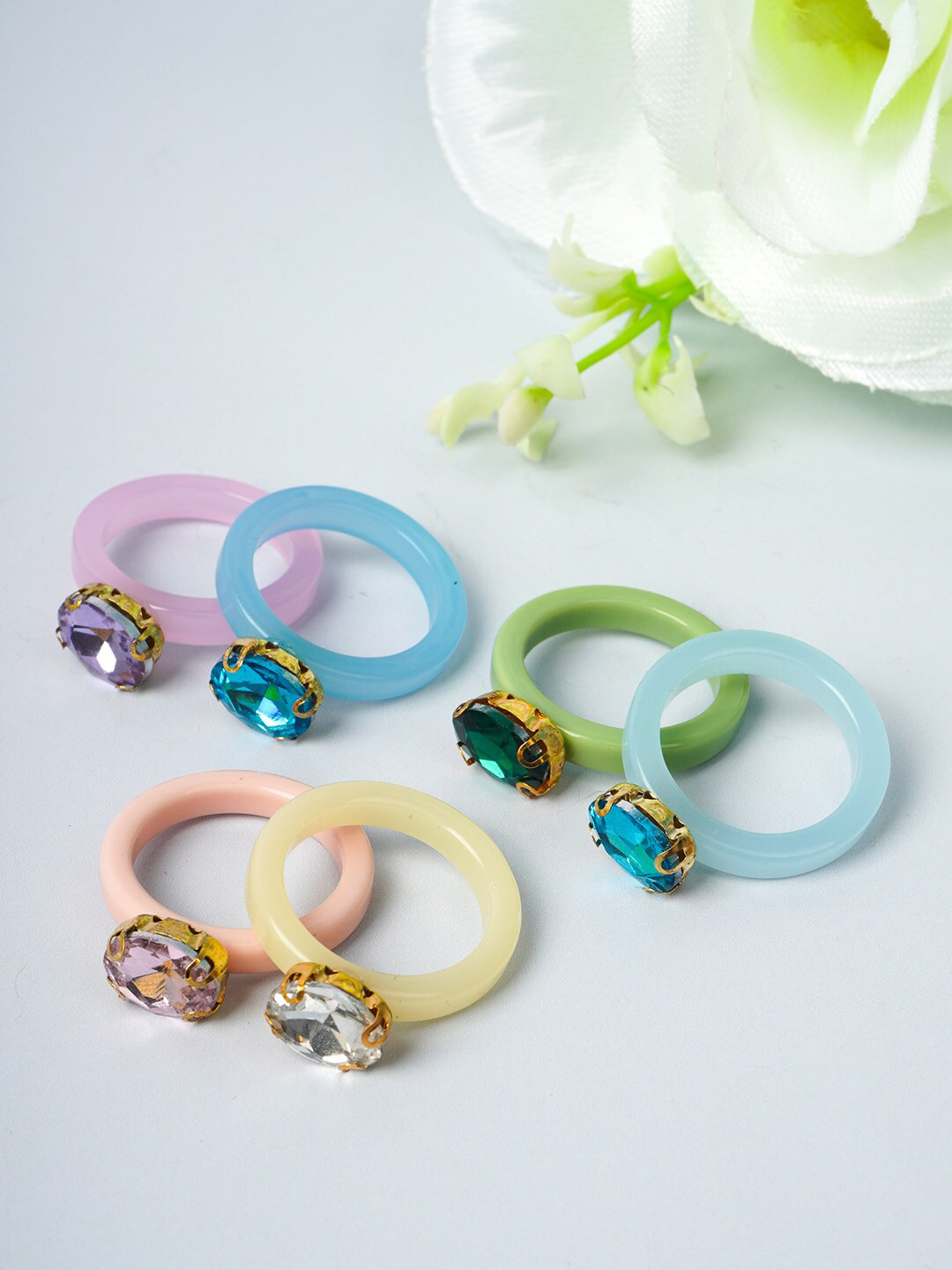 

Ferosh Women Set of 6 Multicoloured Crystal Rings, Multi