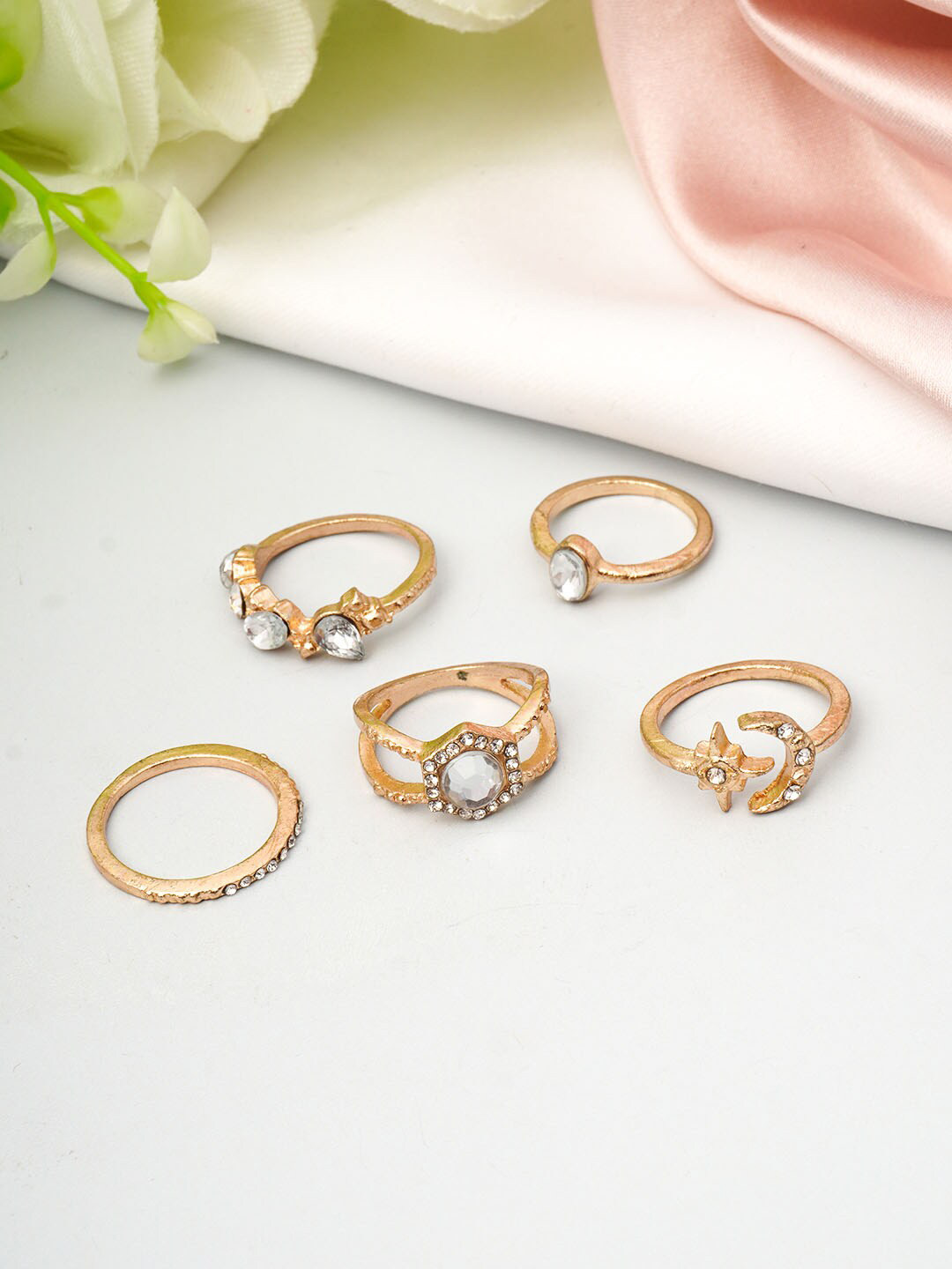 

Ferosh Set Of 5 Gold-Toned Stone Studded Ring