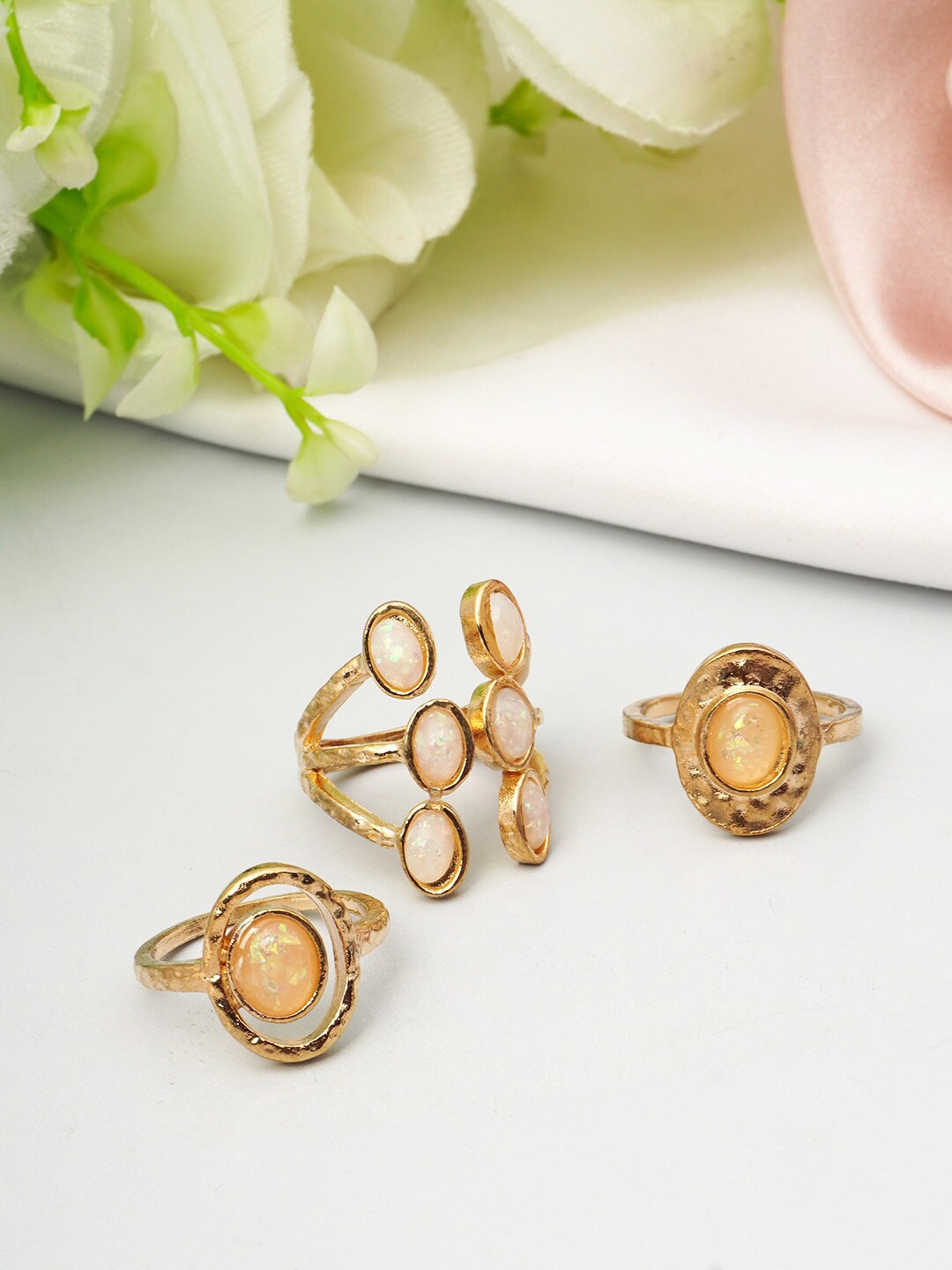 

Ferosh Women Set of 3 Gold-Toned Stone-Studded Finger Rings