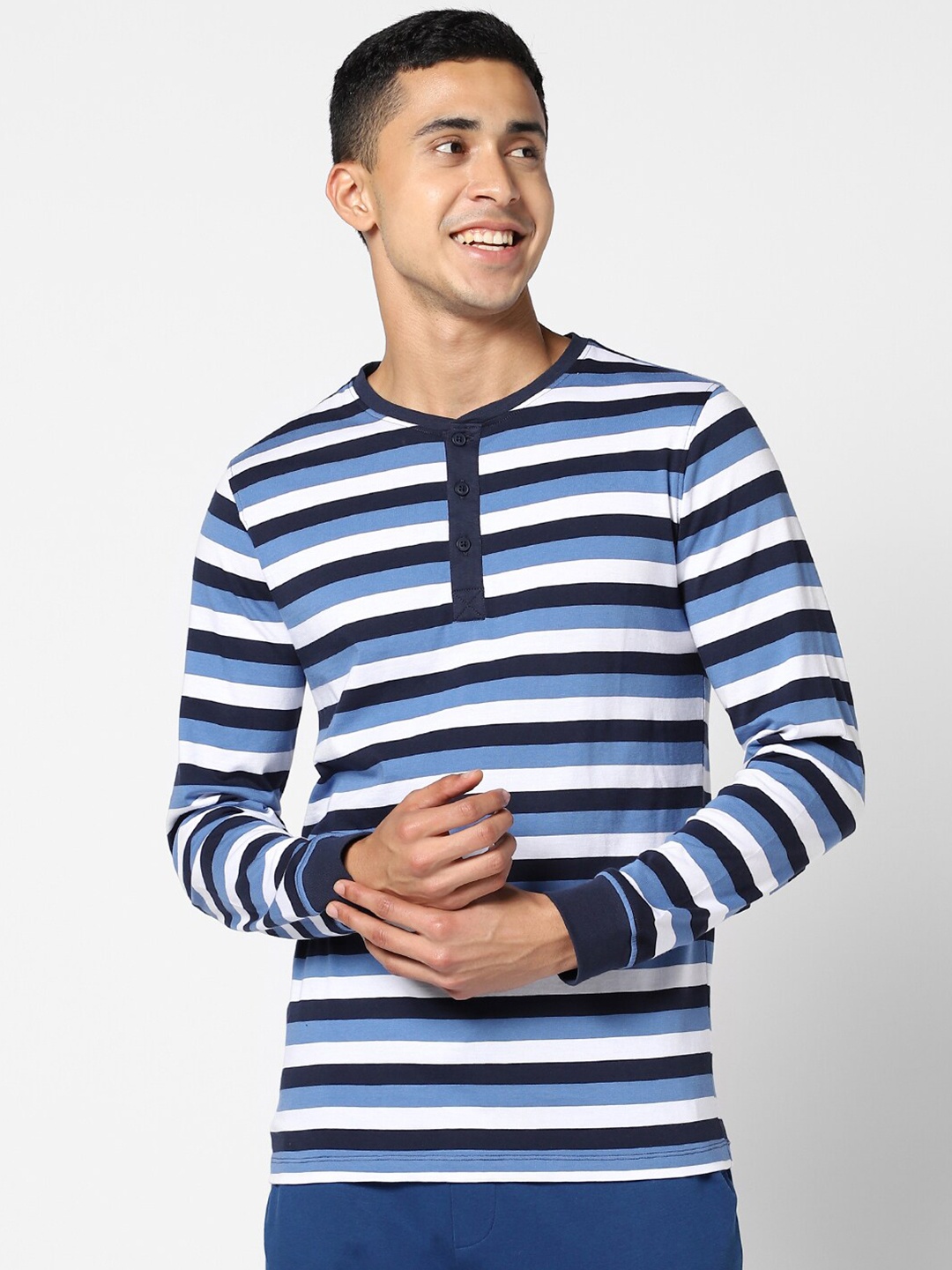 

Ajile by Pantaloons Men Blue & White Striped Henley Neck Slim Fit Cotton T-shirt