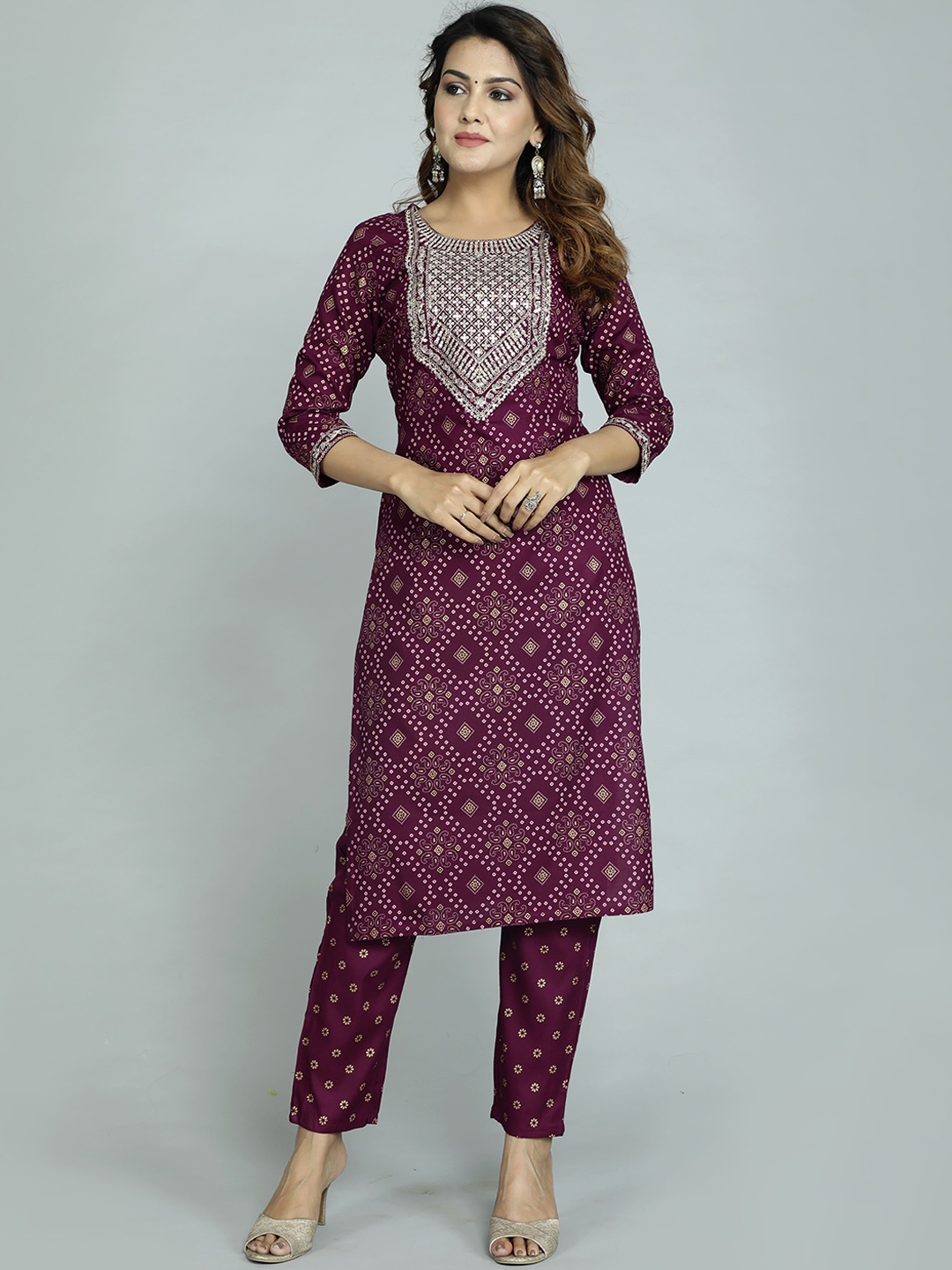 

gvs shoppe Women Purple Ethnic Motifs Yoke Design Sequinned Kurta with Trousers & With Dupatta