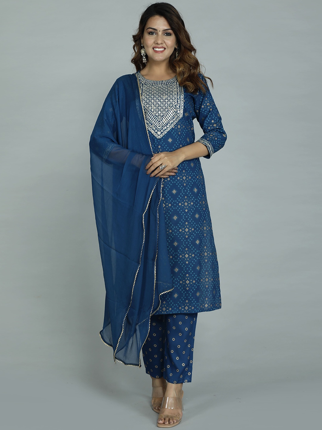 

gvs shoppe Women Blue Ethnic Motifs Printed Kurta with Trousers & With Dupatta