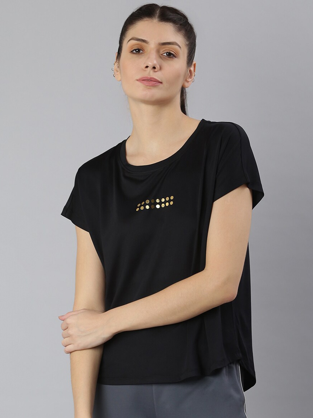 

MKH Women Black Printed Extended Sleeves Dri-FIT Sports T-shirt