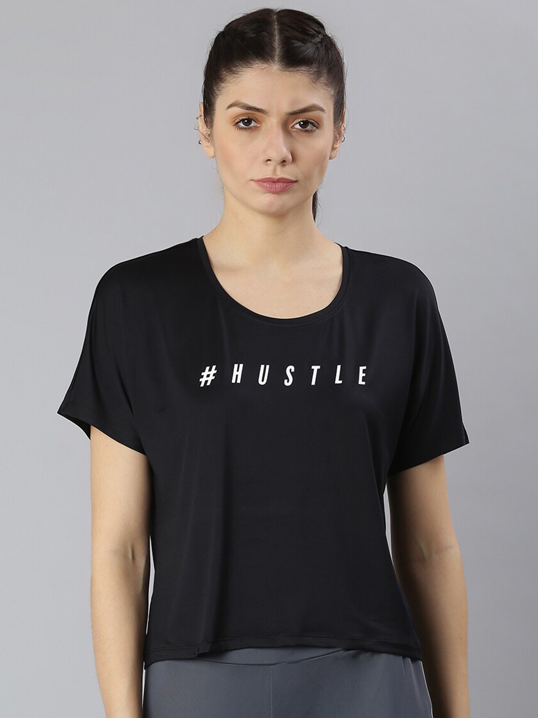 

MKH Typography Printed Round Neck Crop Sports T-shirt, Black