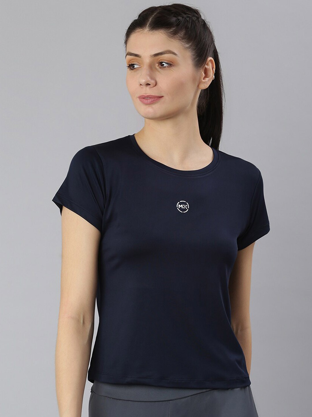 

MKH Women Navy Blue Dri-FIT Crop Sports T-shirt