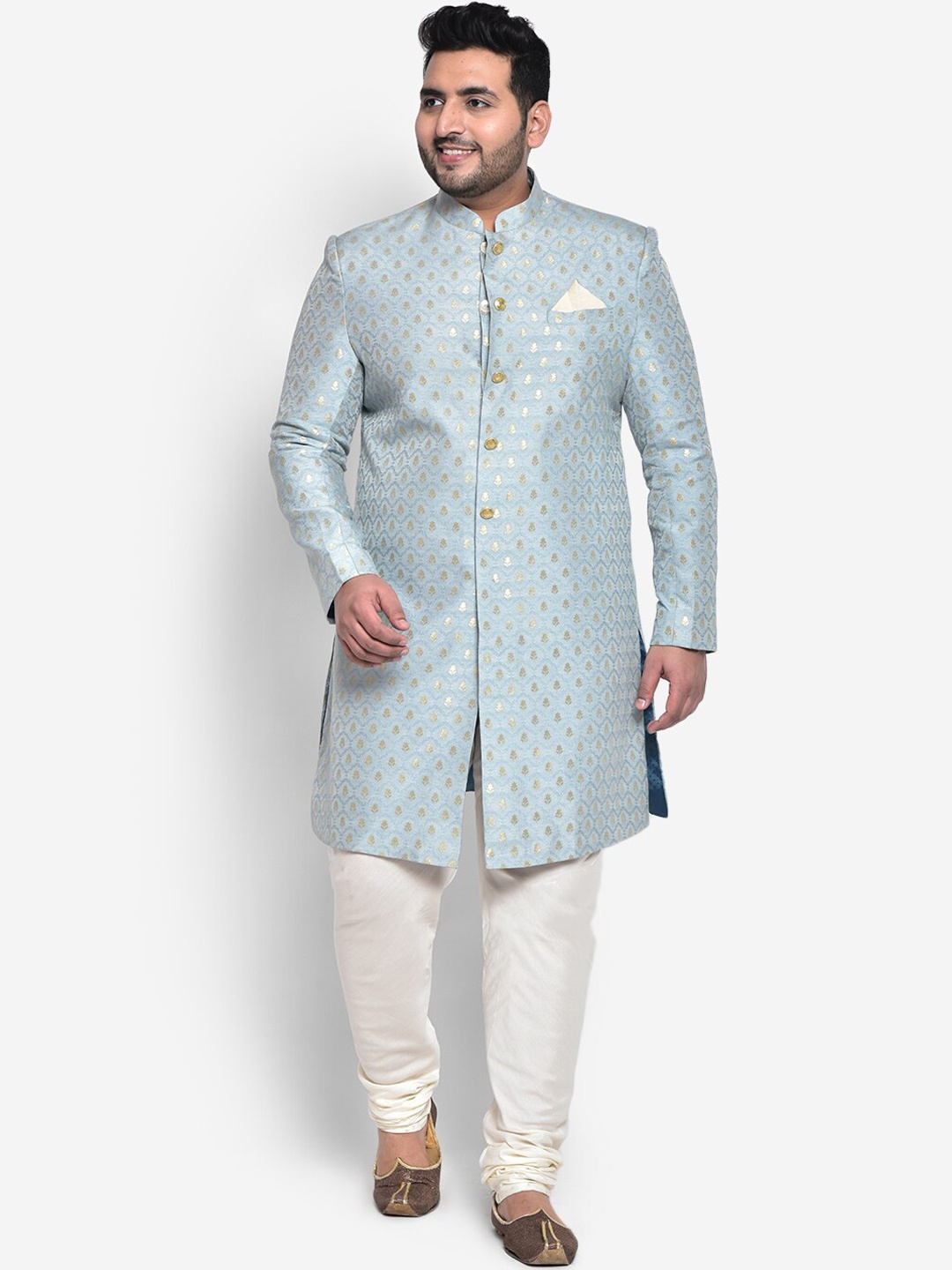 

KISAH PLUS Men Woven Design Indowestern Sherwani Set, Beige