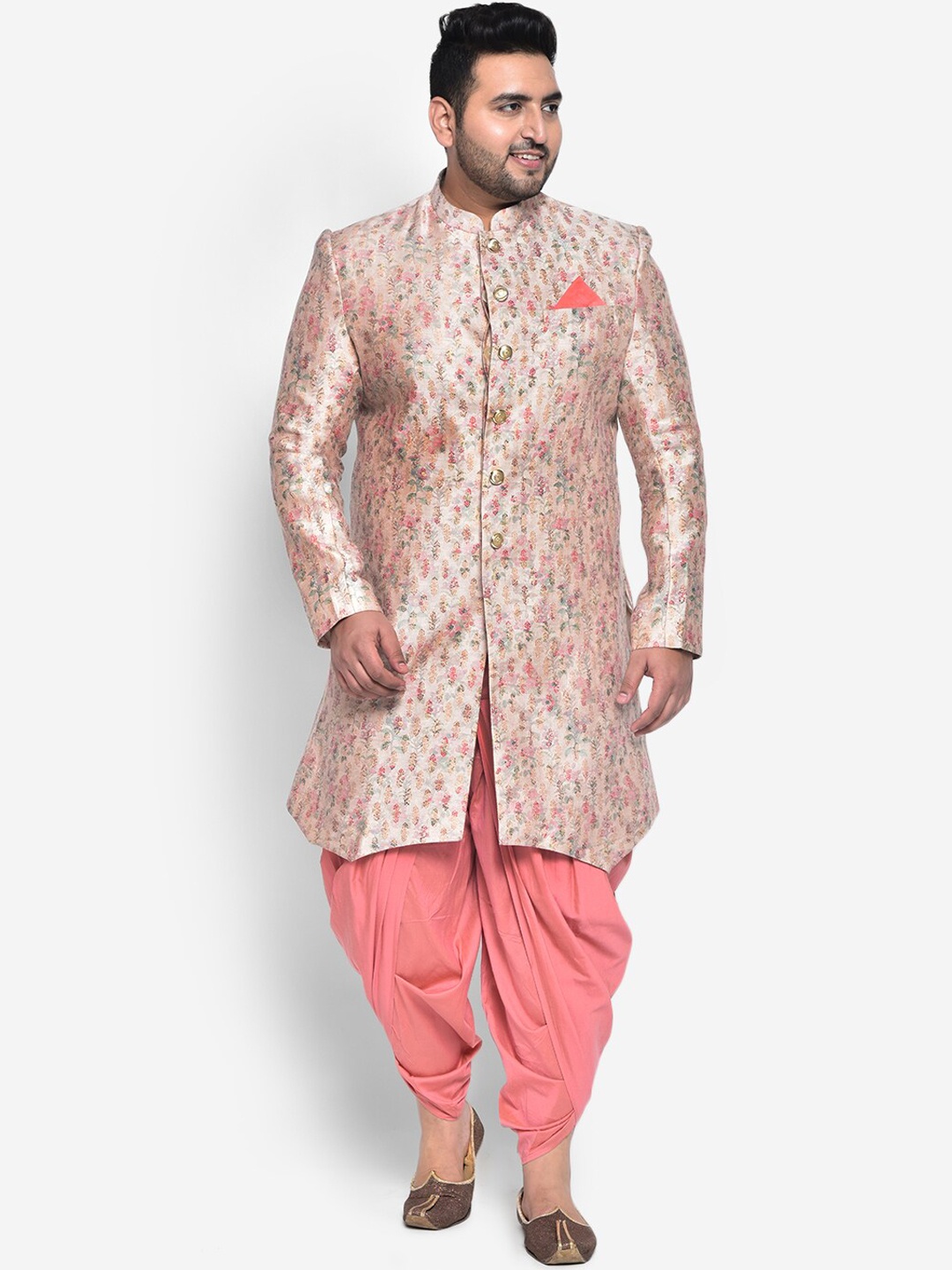 

KISAH PLUS Men Pink & Beige Printed Silk Indowestern Sherwani