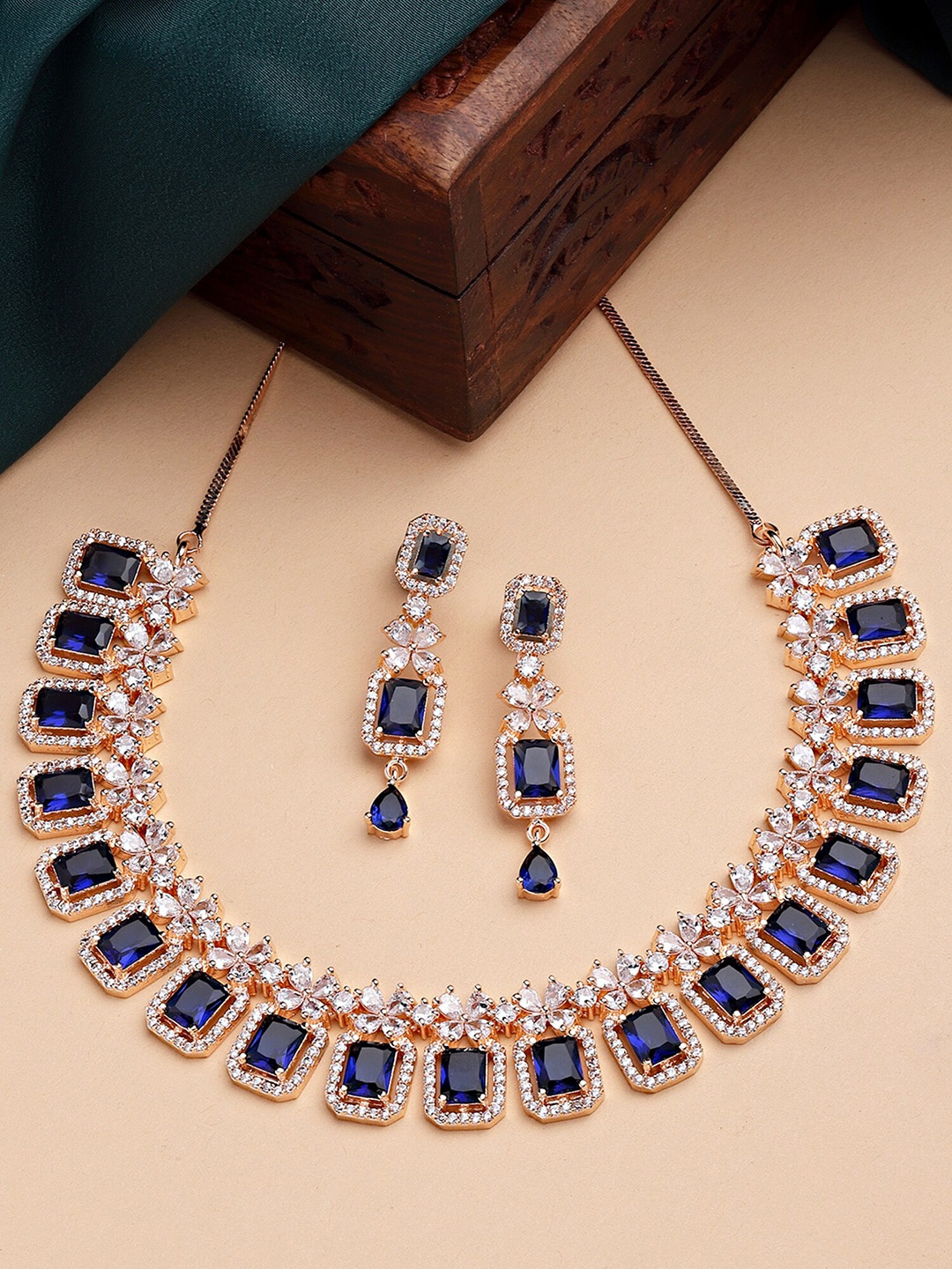

KARATCART Rose Gold-Plated White & Blue CZ-Studded Jewellery Set
