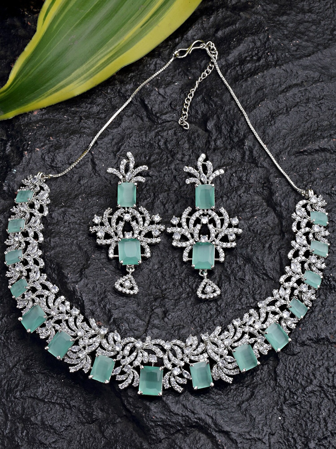

KARATCART Silver-Plated Lime Green Cubic Zirconia Studded Jewellery Set