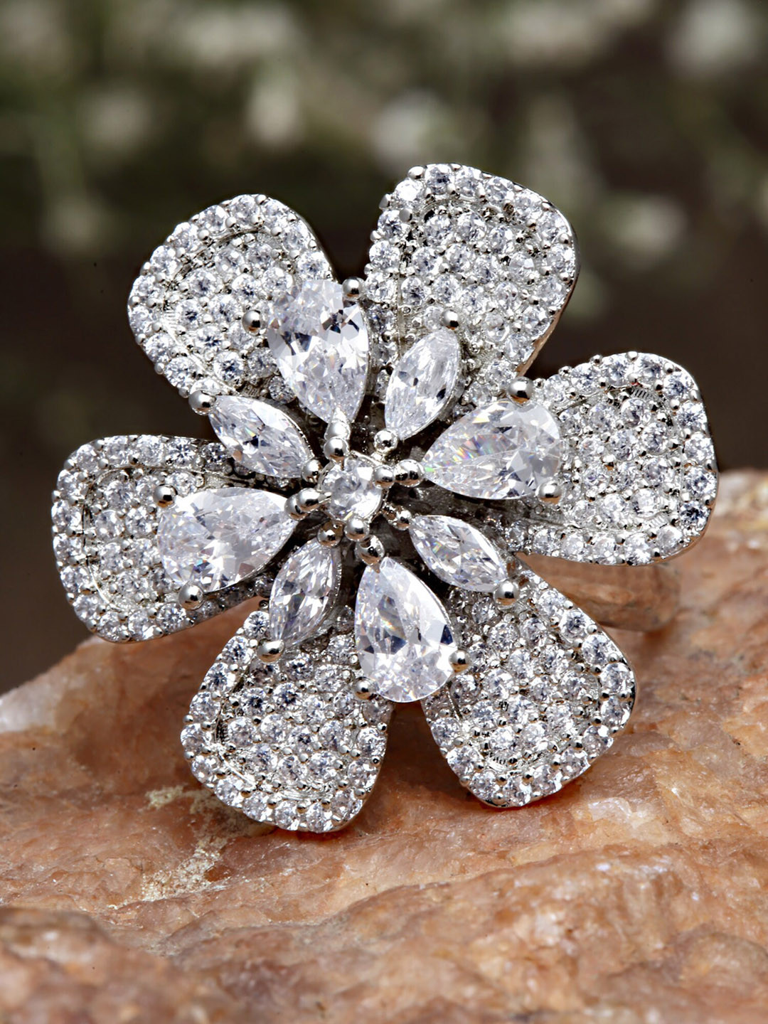 

KARATCART Silver-Plated White AD Studded Floral Shaped Ring