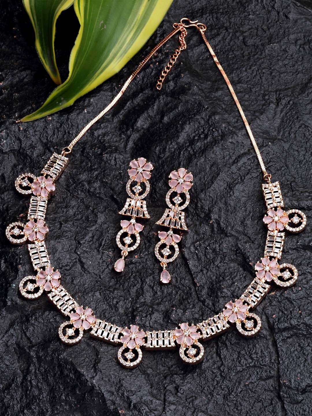 

KARATCART Rose Gold-Plated Pink American Diamond Jewellery Set