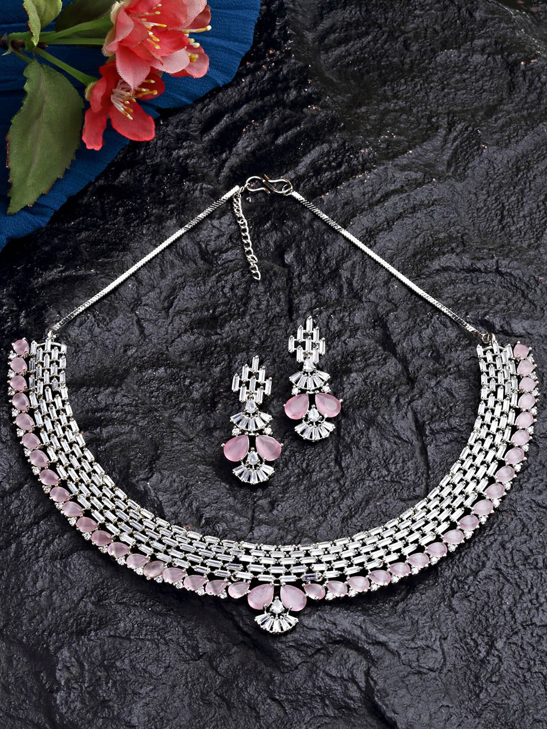 

KARATCART Silver-Plated Pink & White AD-Studded Jewellery Set