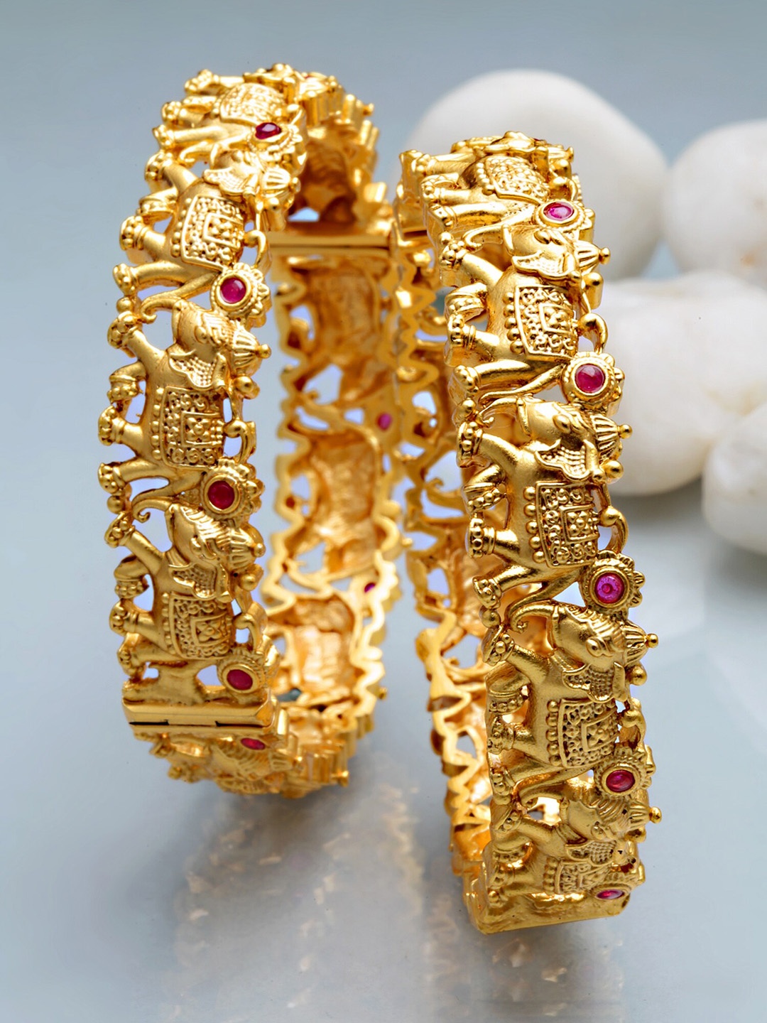 

KARATCART Set Of 2 Gold-Plated & Pink Stones-Studded Rajwadi Temple Bangles