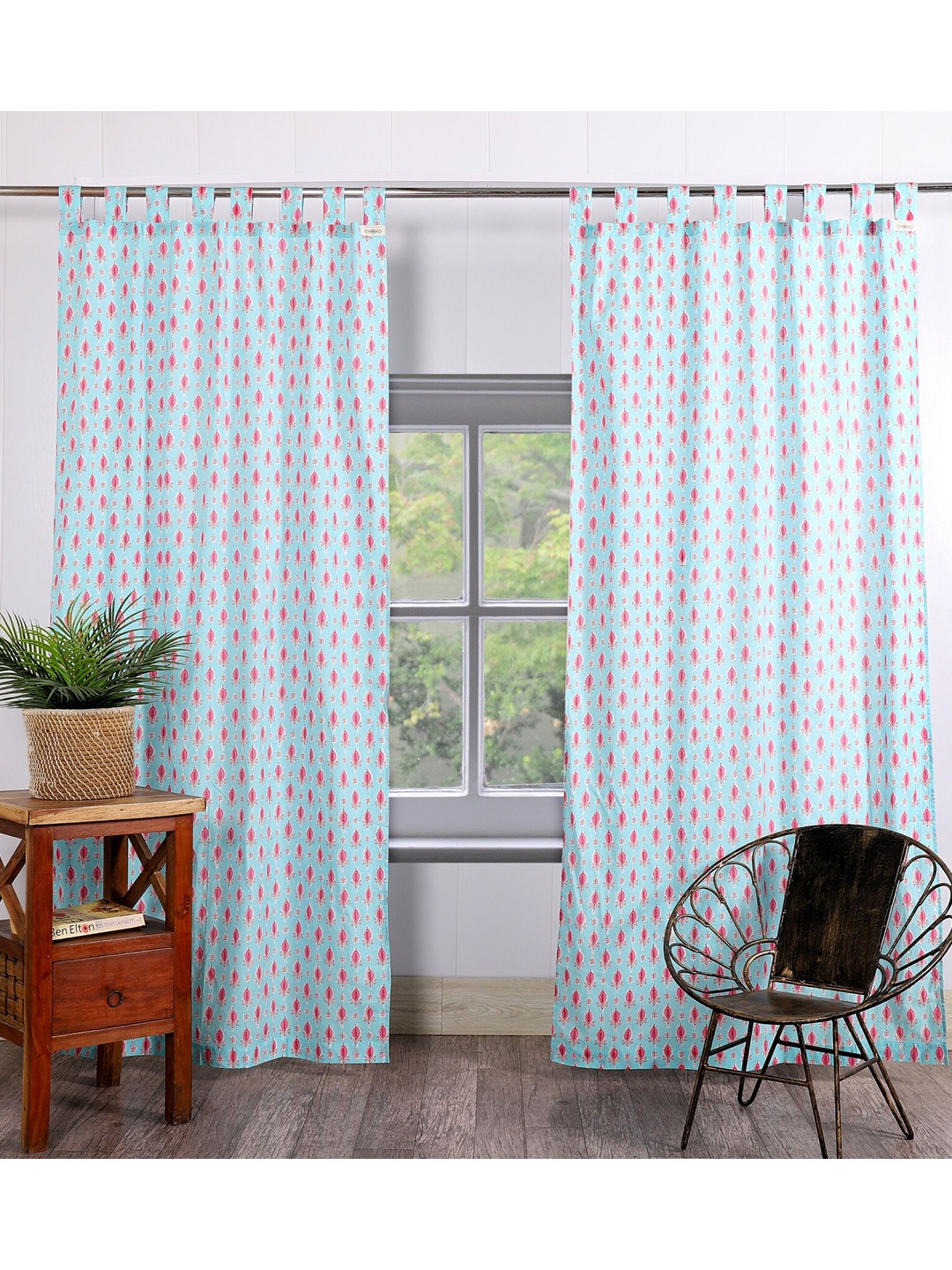 

HANDICRAFT PALACE Sea Green & Pink Set of 2 Floral Sheer Door Curtain
